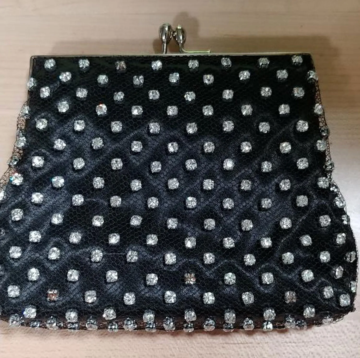 * VINTAGE '50s / '60s BLACK SATIN & NET EVENING BAG ADORNED WITH SPARKLING RHINESTONES - MADE IN HONG KONG