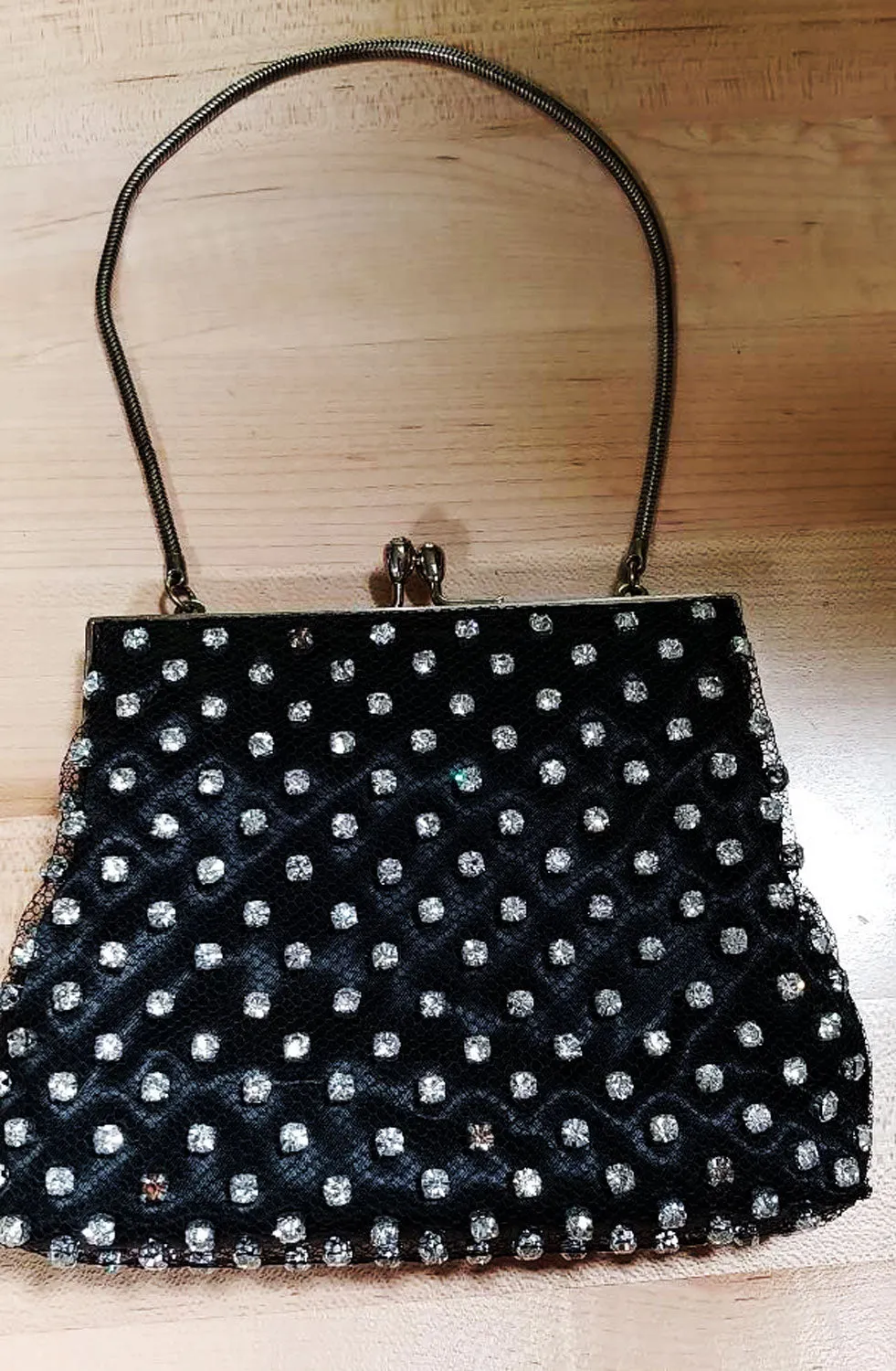 * VINTAGE '50s / '60s BLACK SATIN & NET EVENING BAG ADORNED WITH SPARKLING RHINESTONES - MADE IN HONG KONG