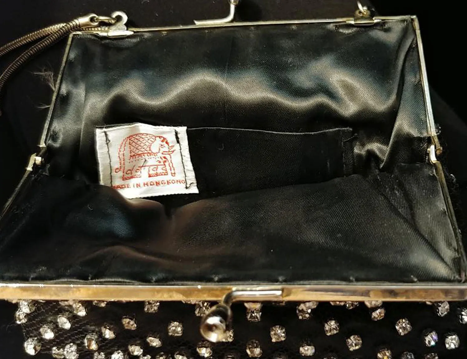 * VINTAGE '50s / '60s BLACK SATIN & NET EVENING BAG ADORNED WITH SPARKLING RHINESTONES - MADE IN HONG KONG