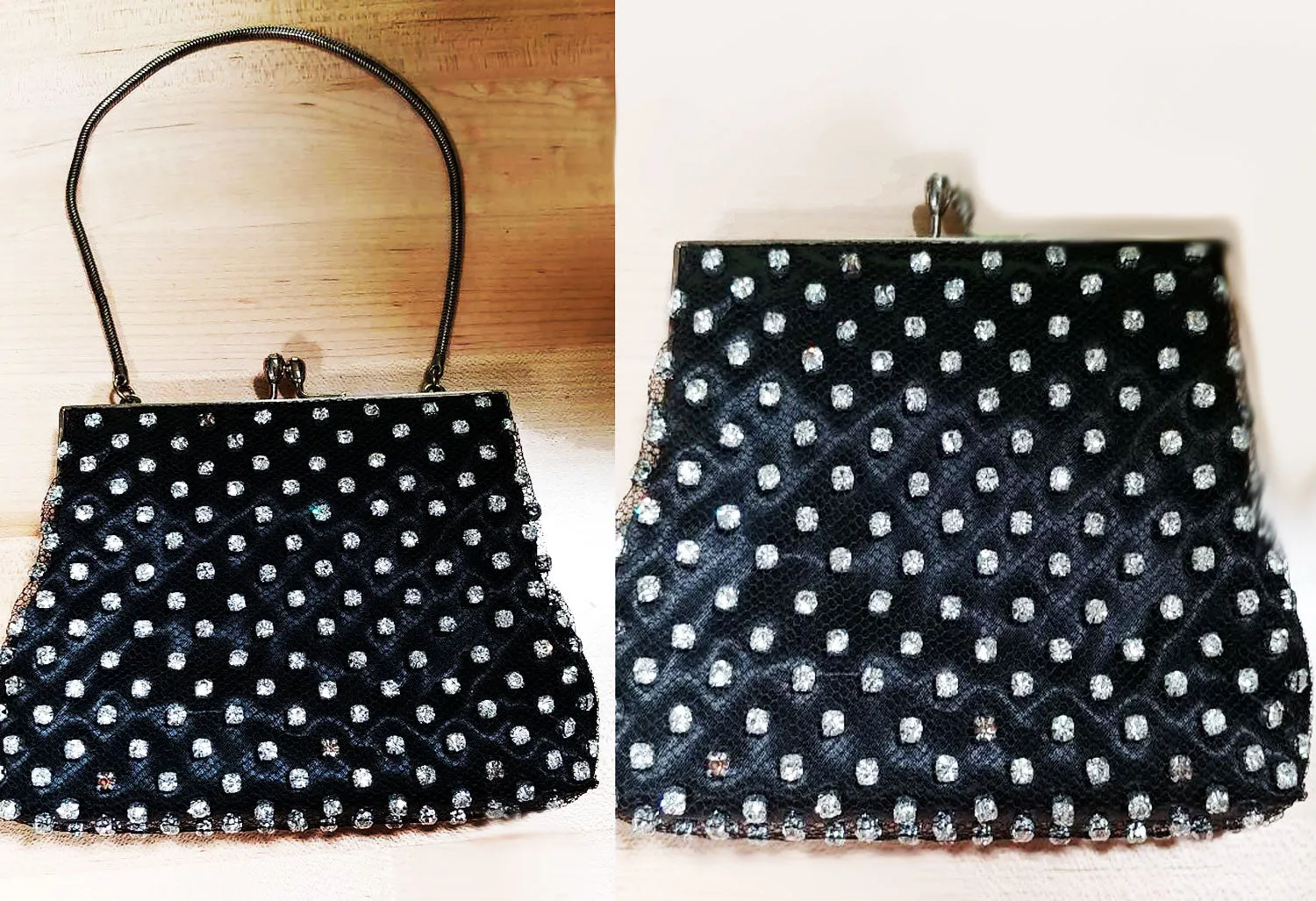 * VINTAGE '50s / '60s BLACK SATIN & NET EVENING BAG ADORNED WITH SPARKLING RHINESTONES - MADE IN HONG KONG