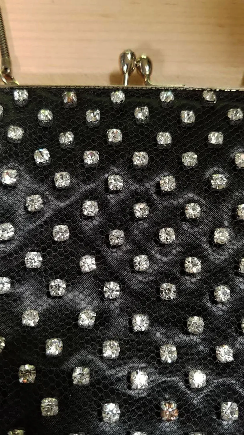* VINTAGE '50s / '60s BLACK SATIN & NET EVENING BAG ADORNED WITH SPARKLING RHINESTONES - MADE IN HONG KONG