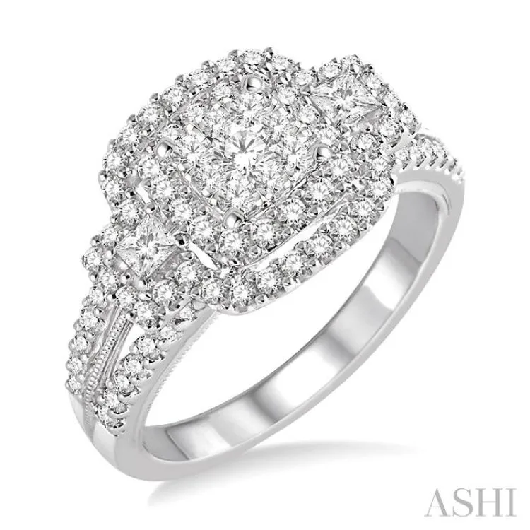 1 Ctw Square Shape Diamond Lovebright Engagement Ring in 14K White Gold