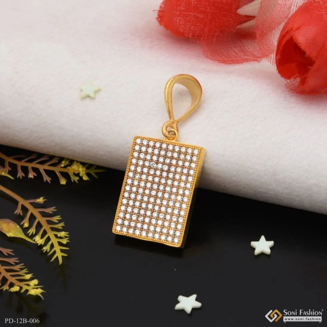 1 Gram Gold Forming Square with Diamond Finely Detailed Design Pendant - Style B006