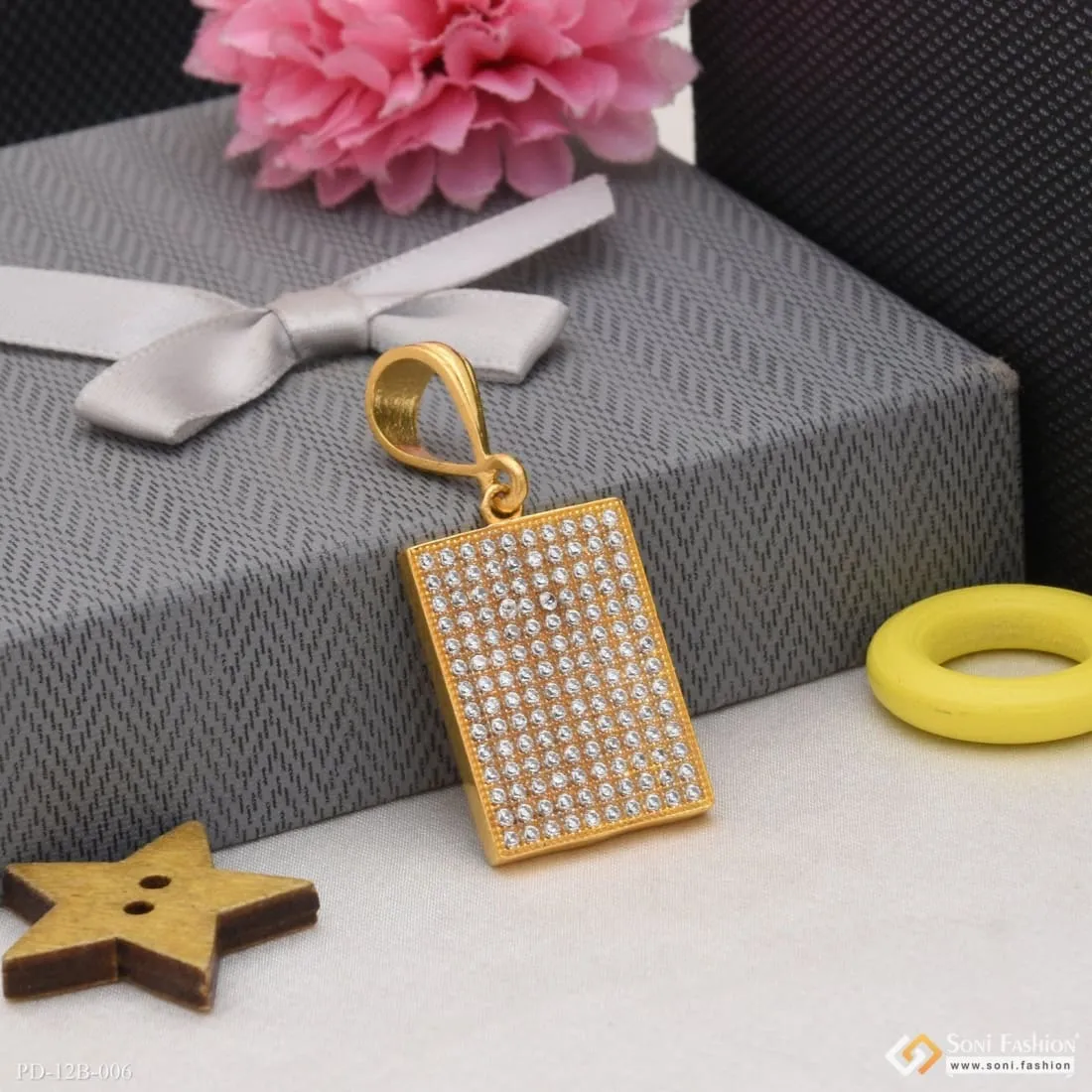 1 Gram Gold Forming Square with Diamond Finely Detailed Design Pendant - Style B006