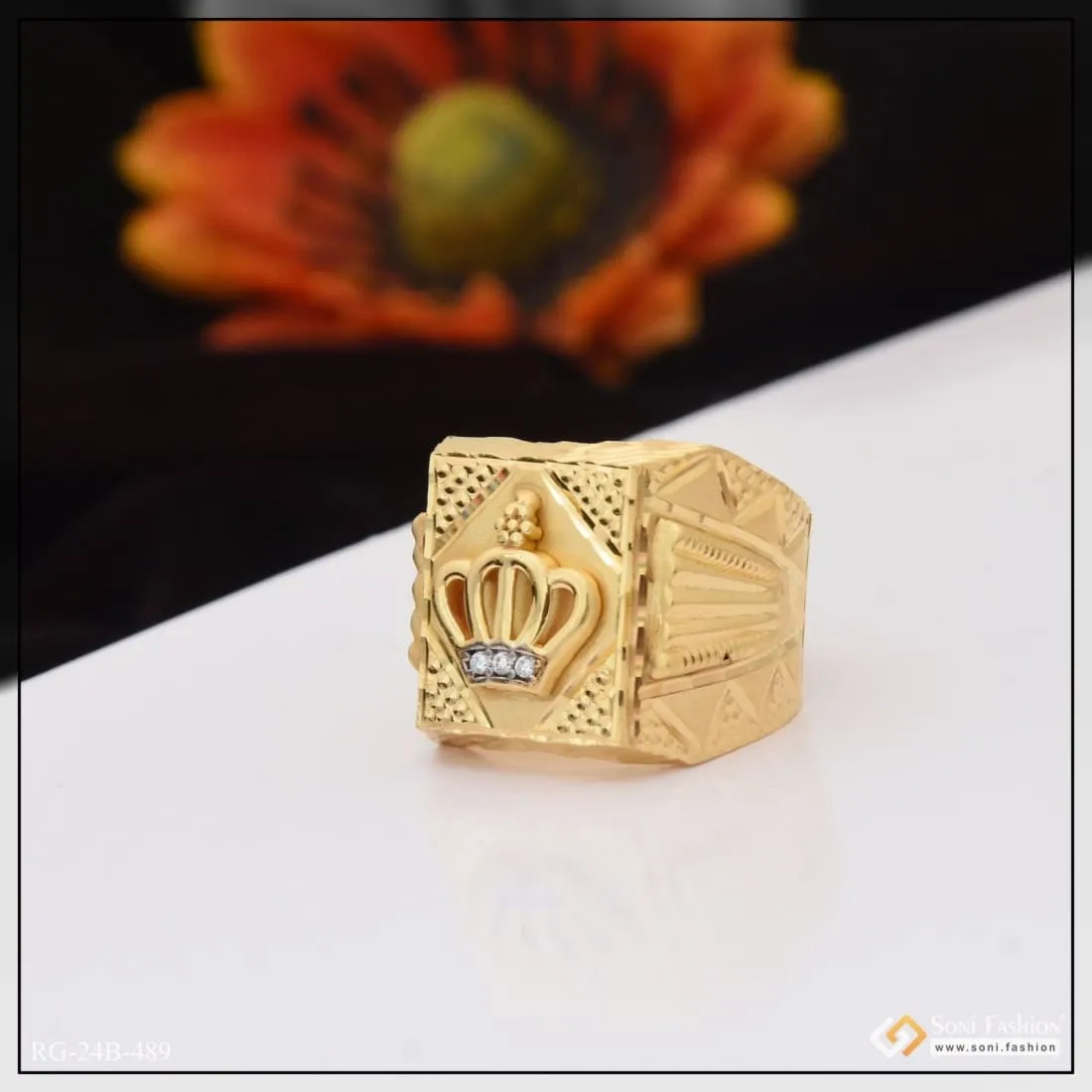 1 Gram Gold Plated Crown with Diamond Glamorous Design Ring for Men - Style B489