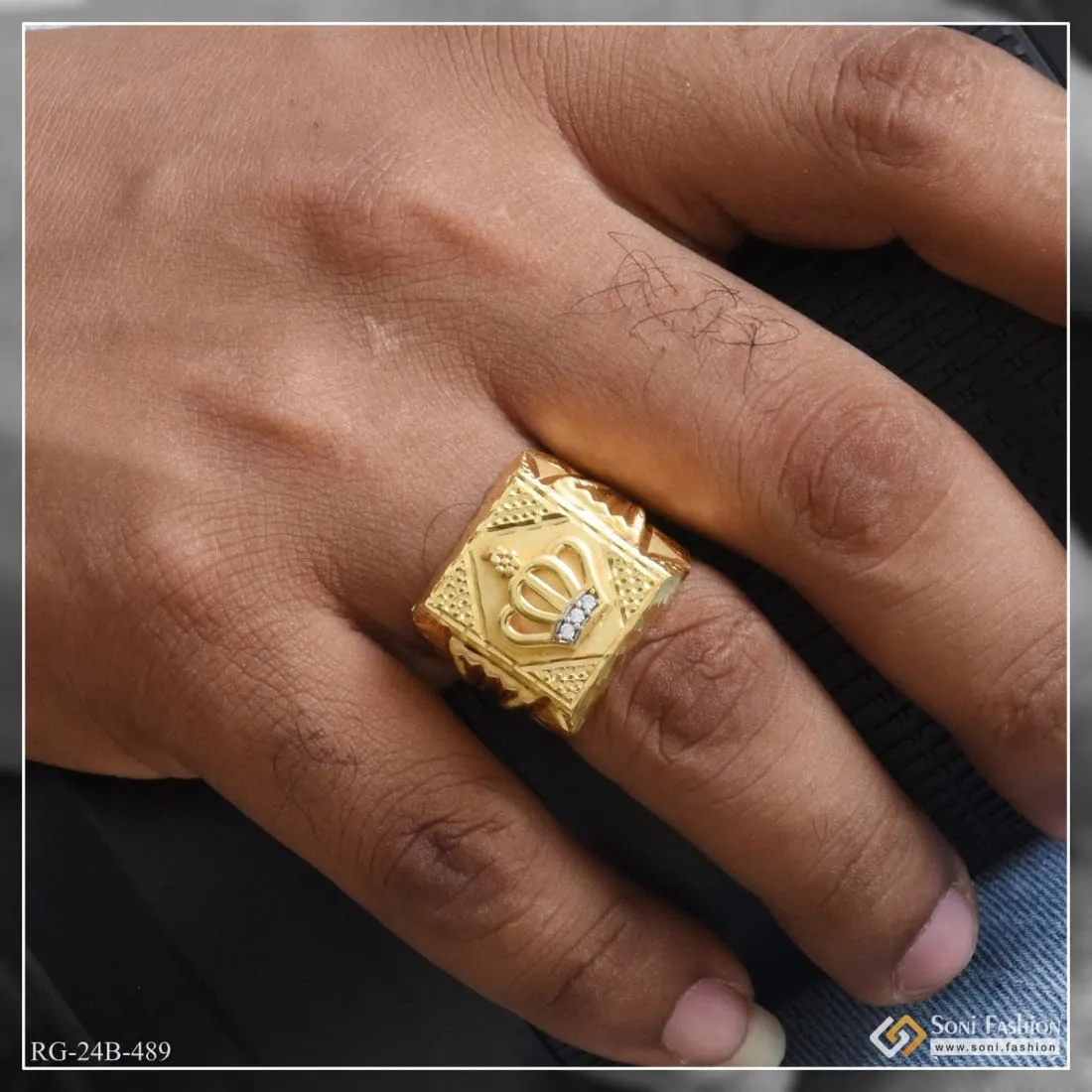 1 Gram Gold Plated Crown with Diamond Glamorous Design Ring for Men - Style B489