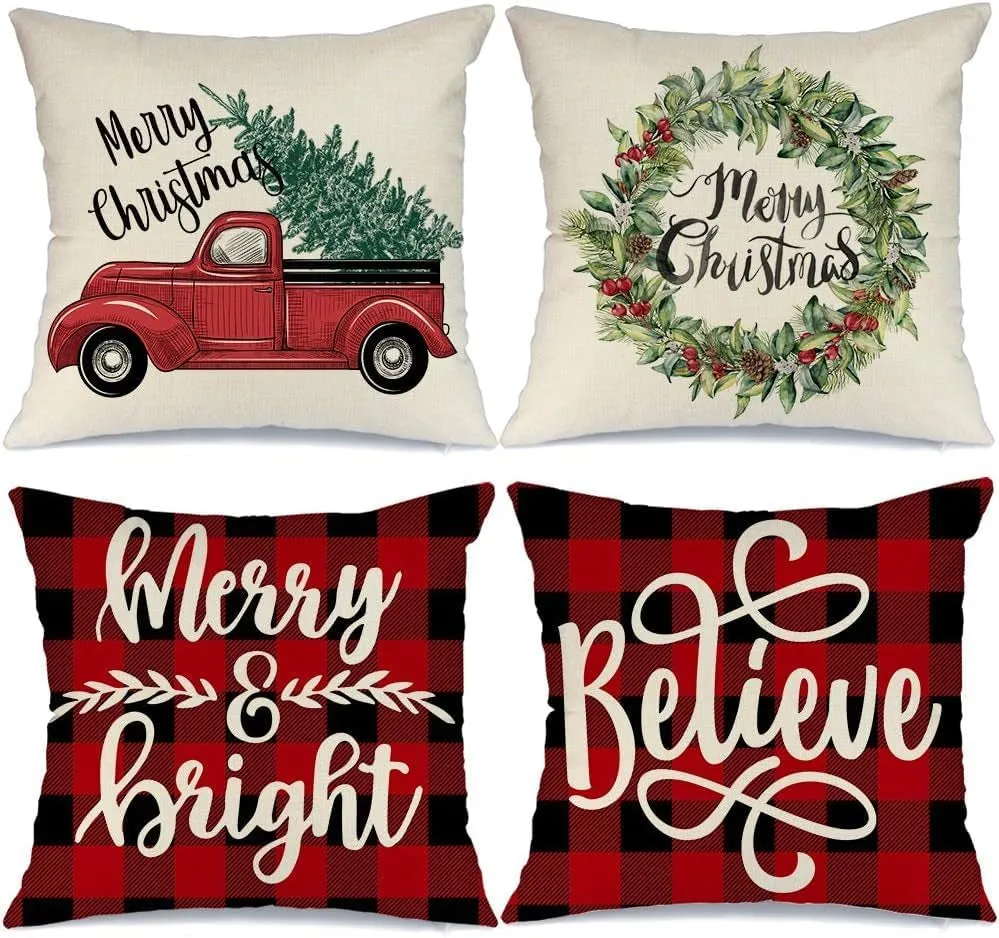 18X18 Christmas Pillow Covers! Set of 4 Merry & Bright Buffalo Plaid Christmas Pillows Winter Holiday Red Truck Xmas Throw Pillows Farmhouse Christmas Decor for Couch