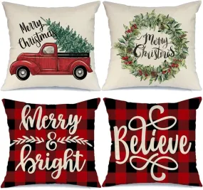 18X18 Christmas Pillow Covers! Set of 4 Merry & Bright Buffalo Plaid Christmas Pillows Winter Holiday Red Truck Xmas Throw Pillows Farmhouse Christmas Decor for Couch