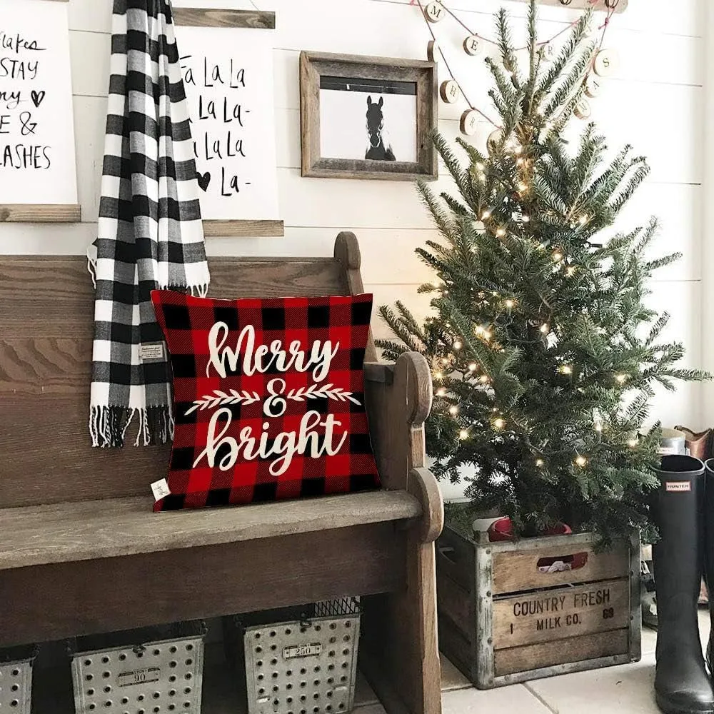 18X18 Christmas Pillow Covers! Set of 4 Merry & Bright Buffalo Plaid Christmas Pillows Winter Holiday Red Truck Xmas Throw Pillows Farmhouse Christmas Decor for Couch