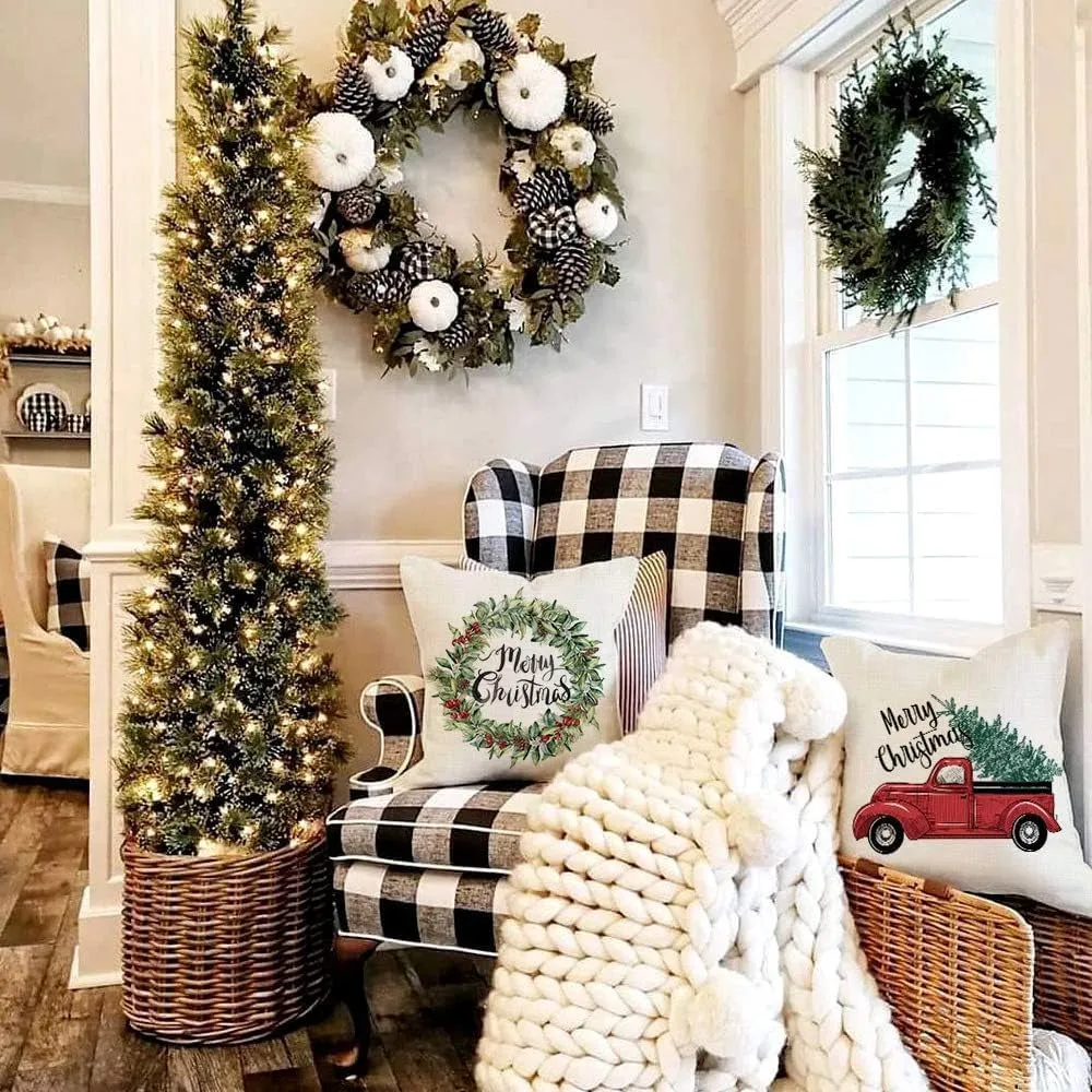 18X18 Christmas Pillow Covers! Set of 4 Merry & Bright Buffalo Plaid Christmas Pillows Winter Holiday Red Truck Xmas Throw Pillows Farmhouse Christmas Decor for Couch