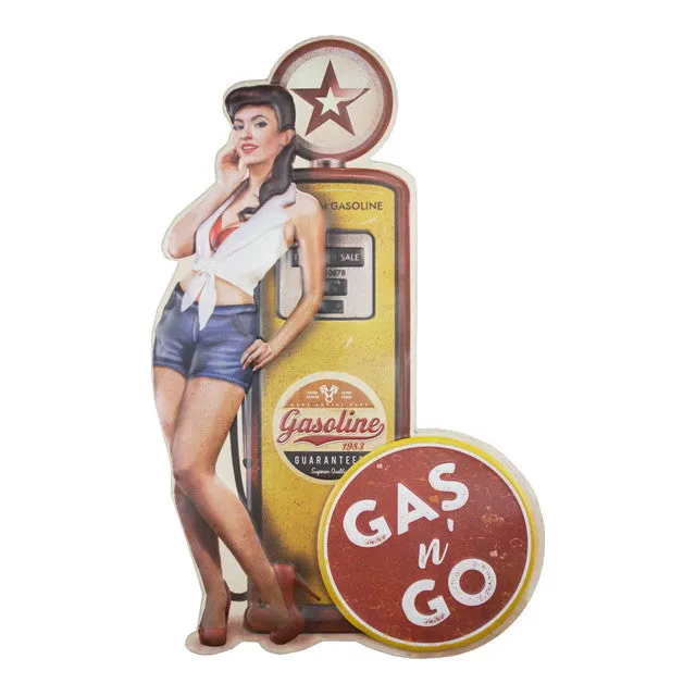 American Gas Pump Pinup Brunette Embossed Metal Sign