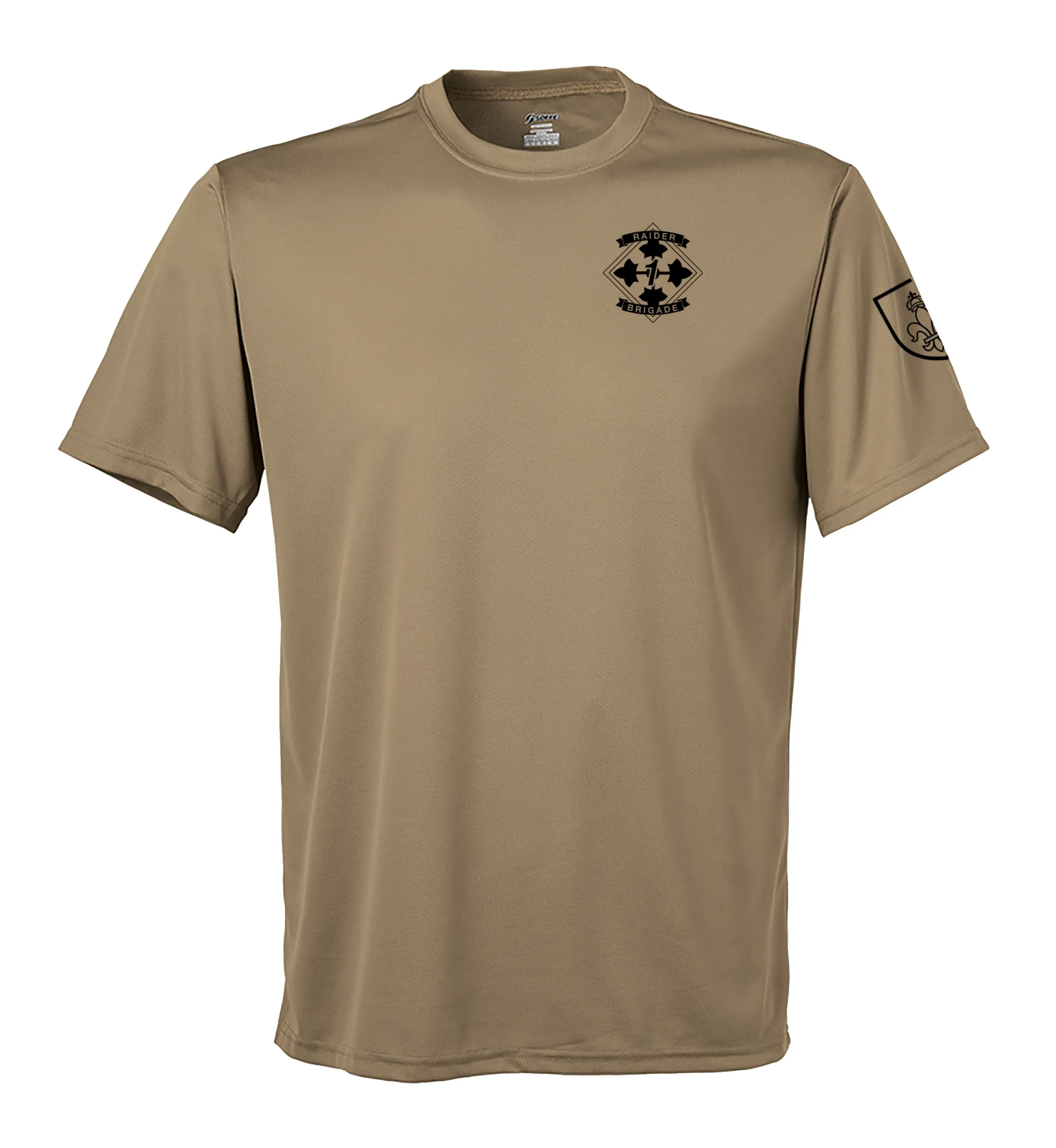 Assault Performance Coyote Tan Closed Mesh Unisex Shirt (Black Design). This shirt is NOT approved for PT