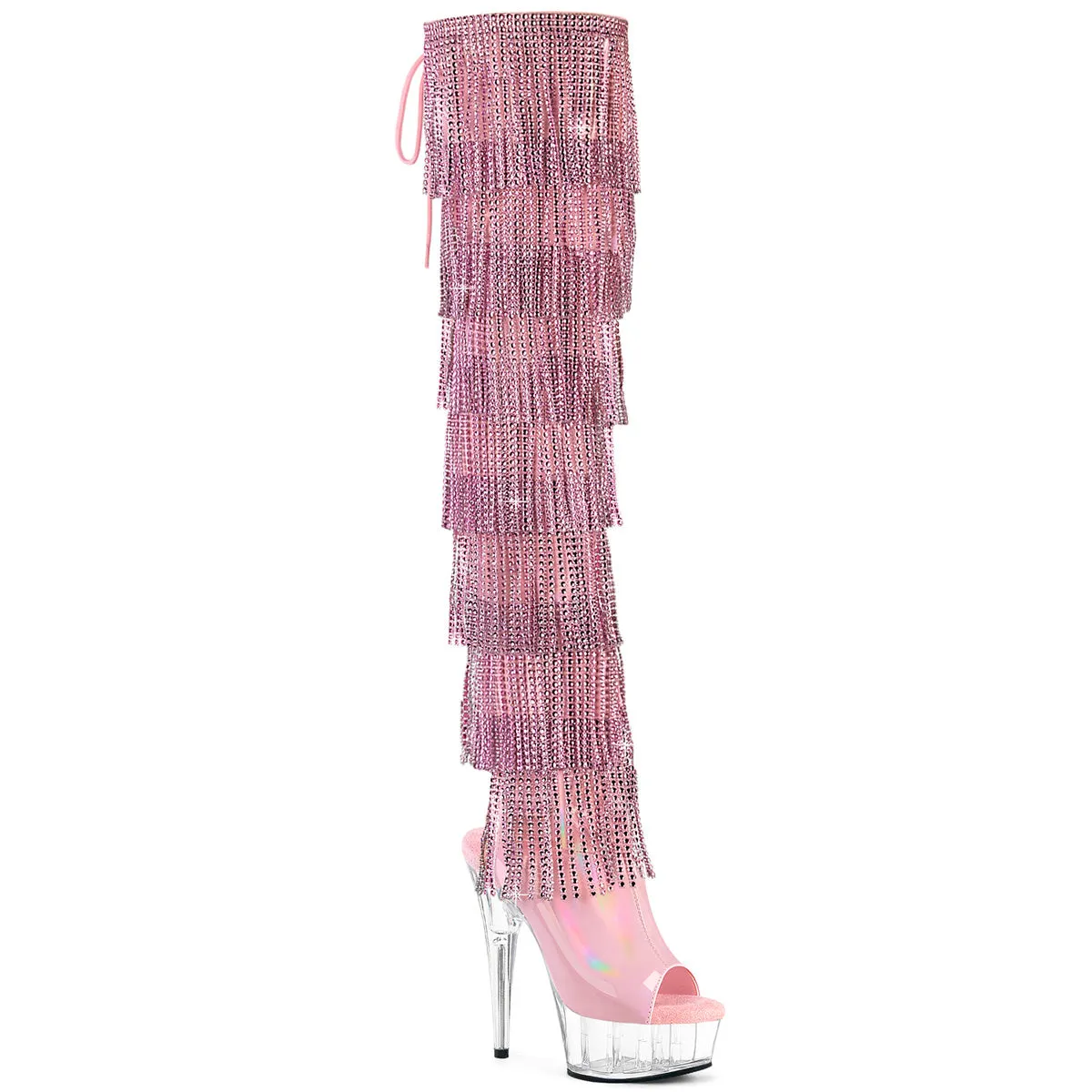 DELIGHT-3017HG-RSF Pink Rhinestone Fringe Thigh High Sexy Boot