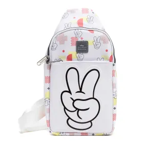 Disney Vegan Leather Crossbody Sling Bag, Mickey Mouse Peace Fingers Applique and Icons Collage, White, 7" x 14"