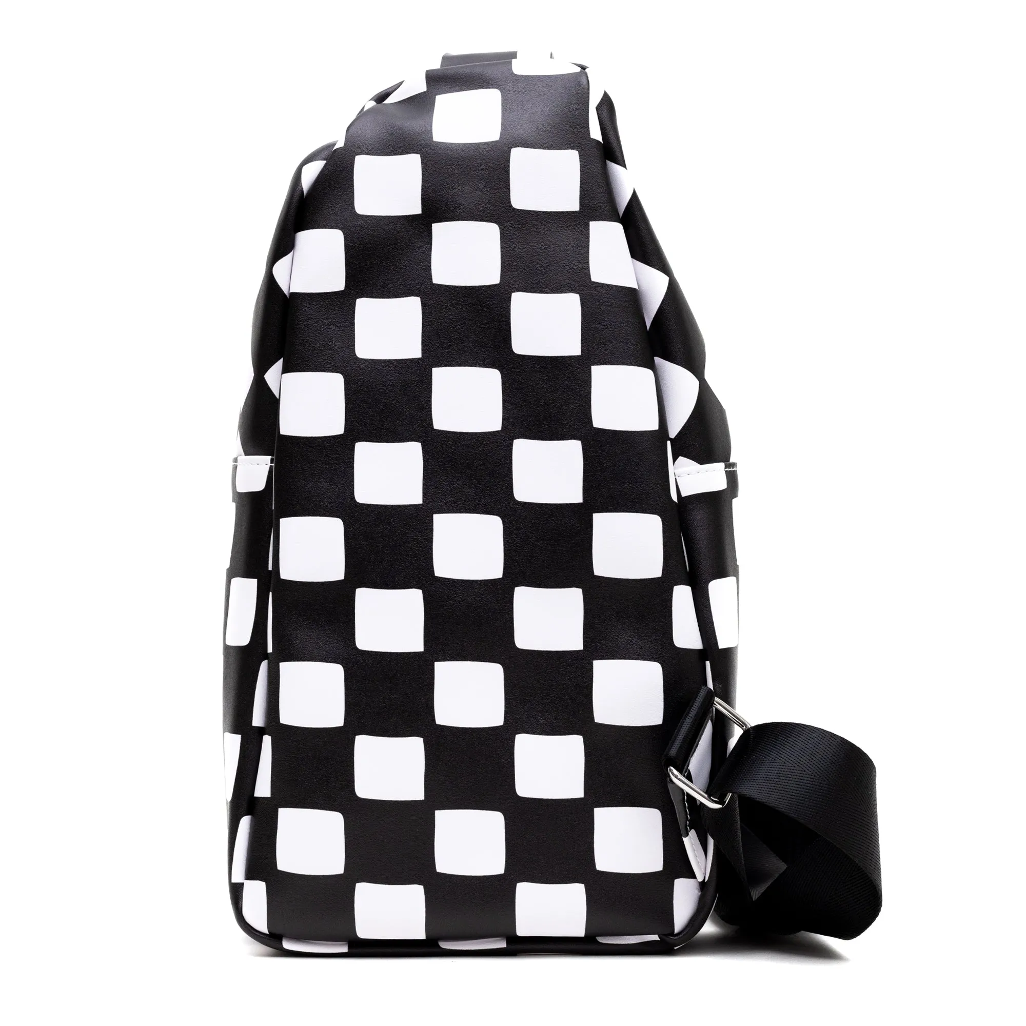 Disney Vegan Leather Crossbody Sling Bag, Mickey Mouse Peace Fingers Applique,Checker Black White, 7" x 14"