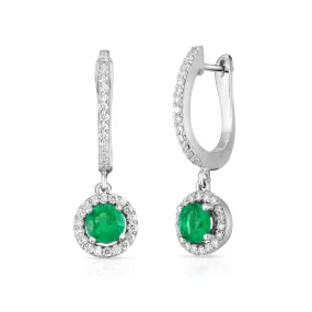 Emerald and Diamond Halo Dangle Earrings