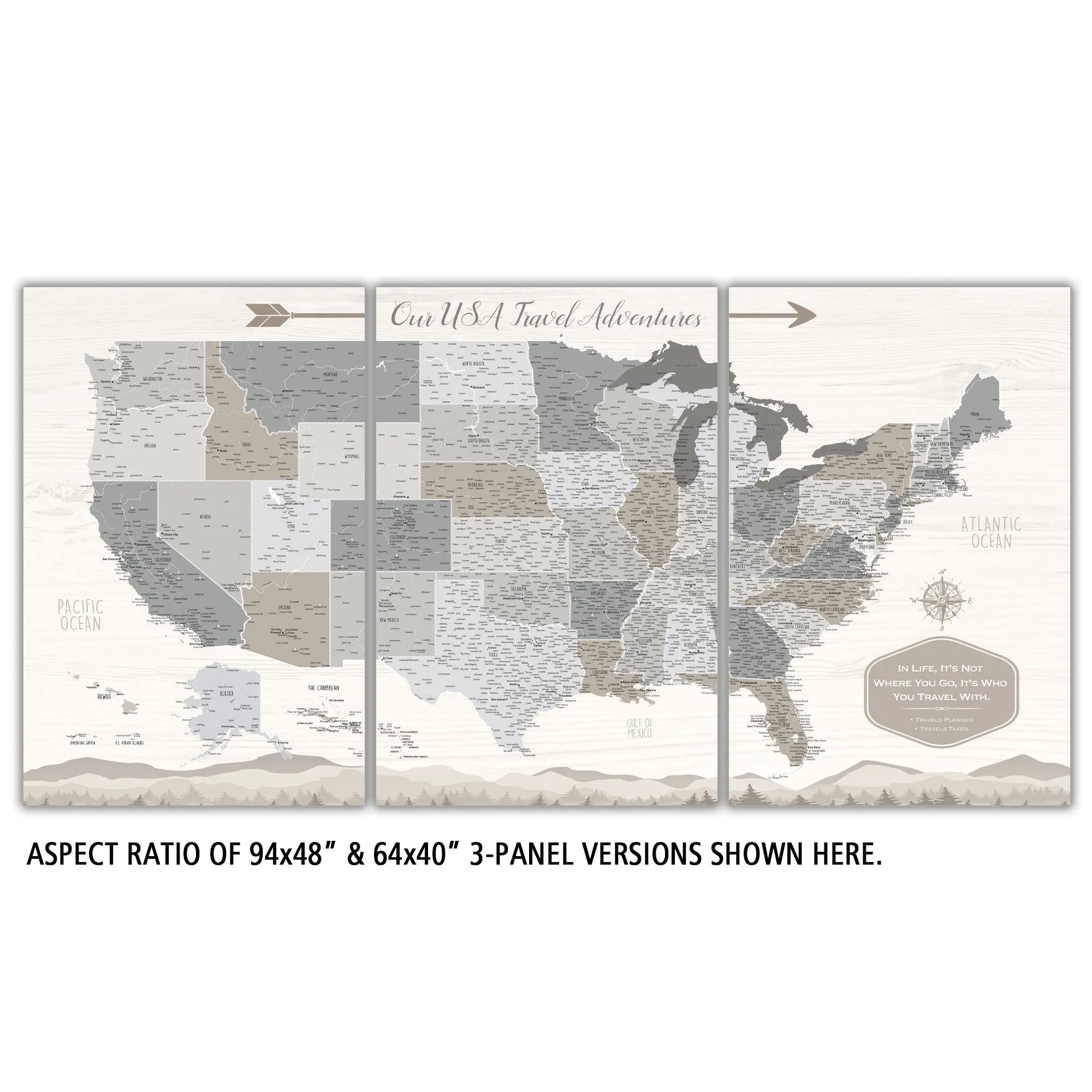 Farmhouse Personalized United States Push Pin Map - 3 Panel