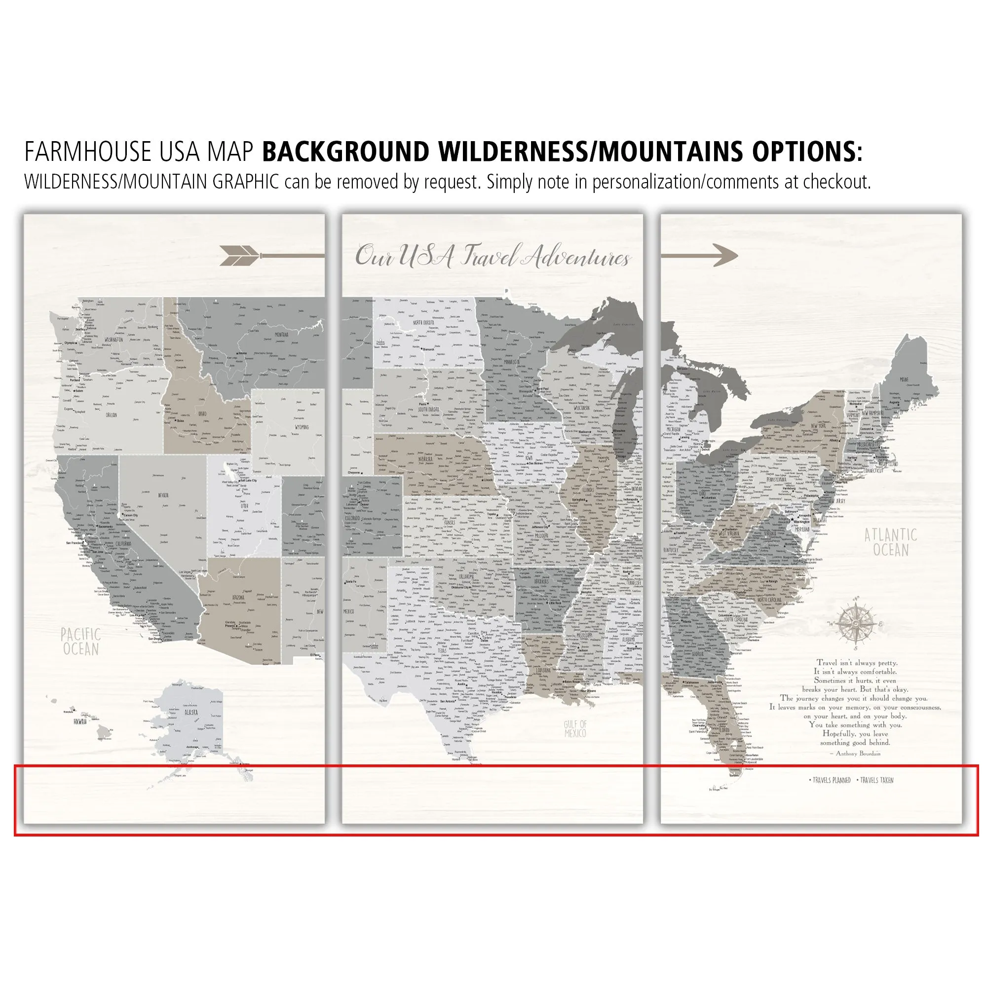 Farmhouse Personalized United States Push Pin Map - 3 Panel