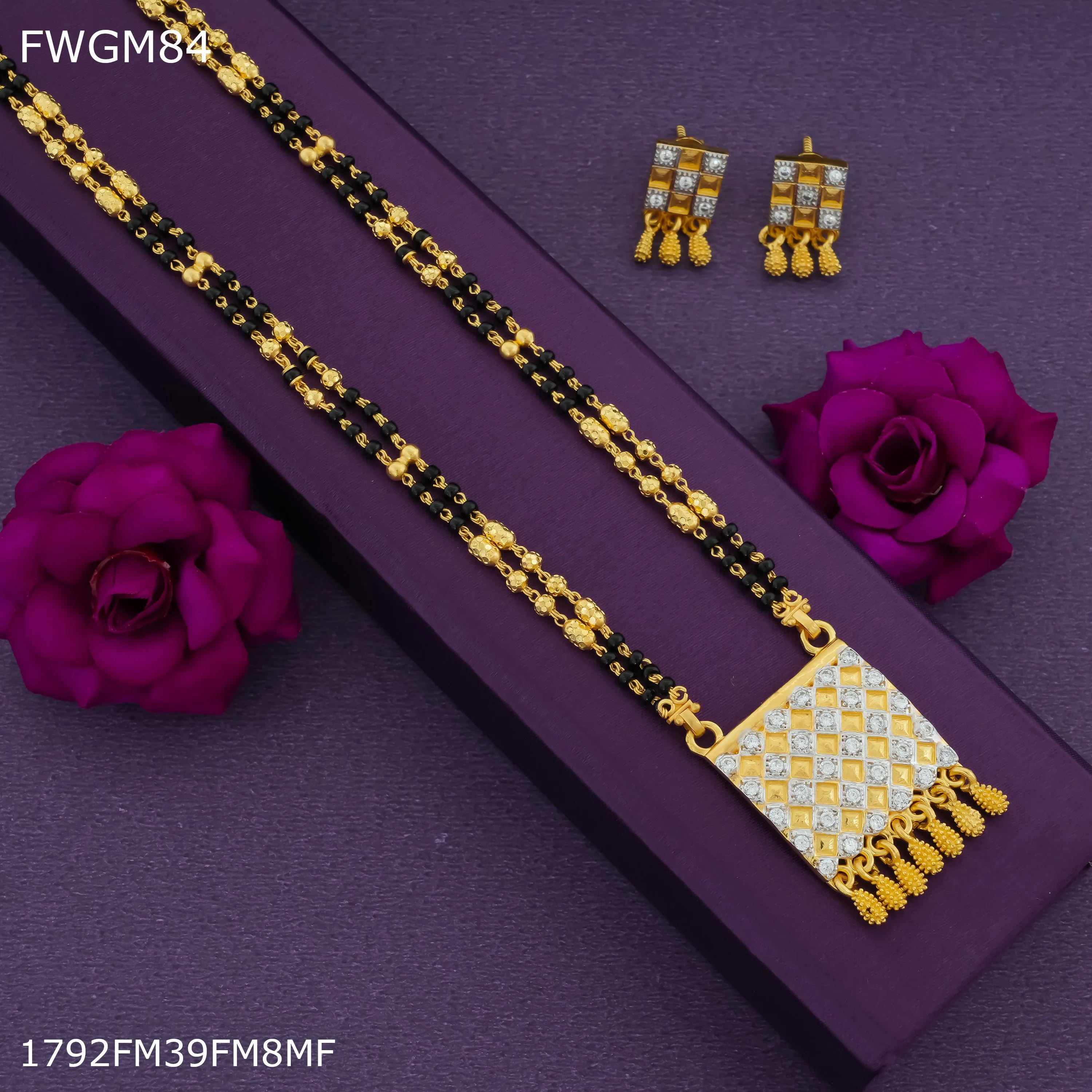 Freemen 1MG Two line square AD mangalsutra with earrings for women - FWGM84