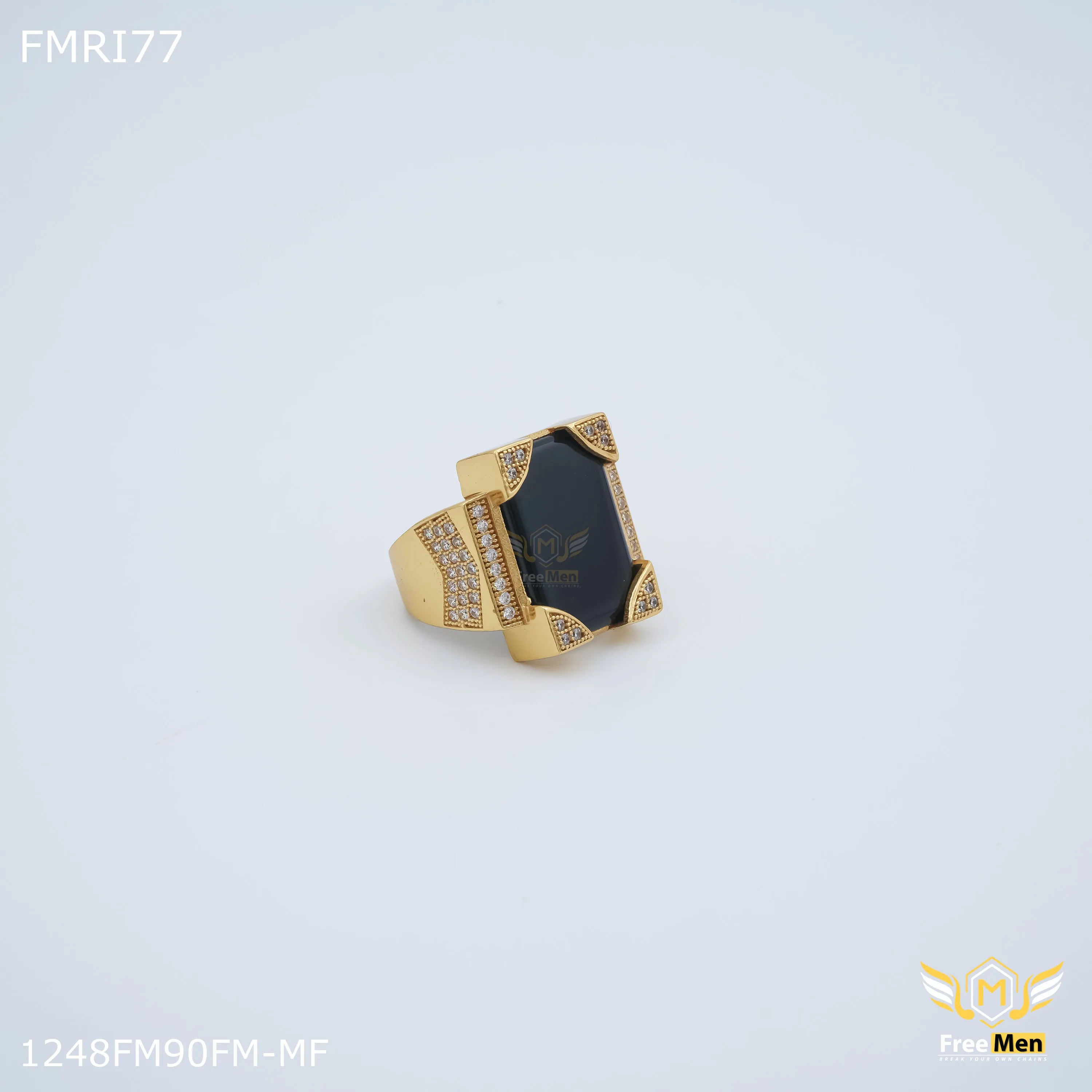 Freemen Black Flat square stone golden ring for men - FMRI77