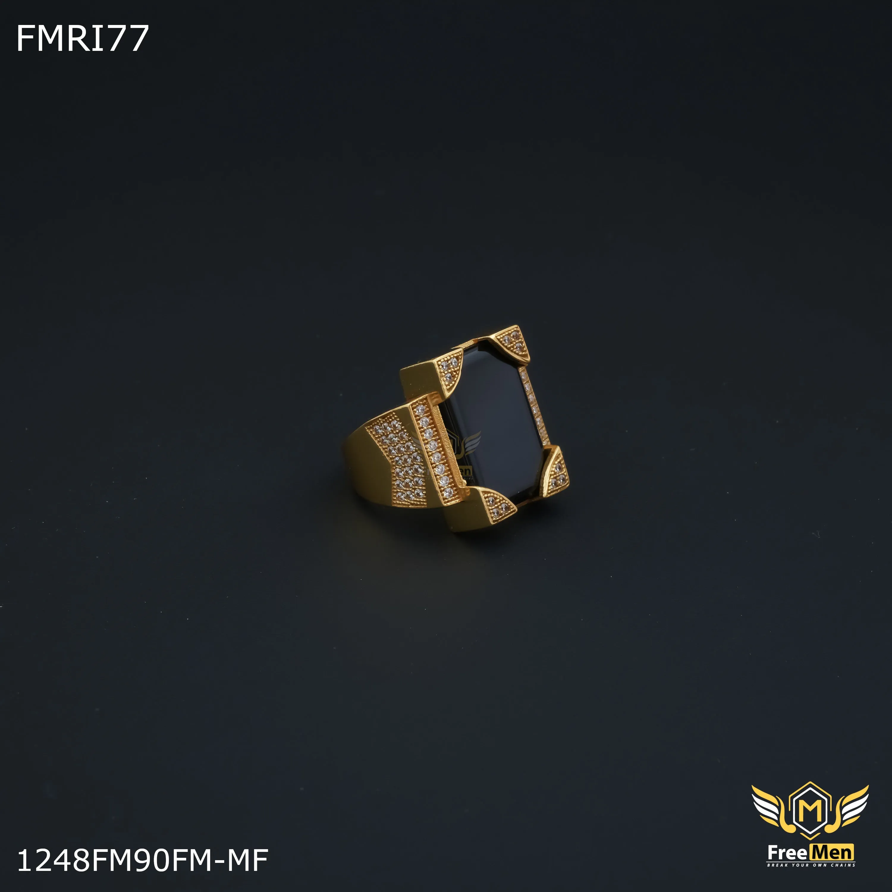 Freemen Black Flat square stone golden ring for men - FMRI77