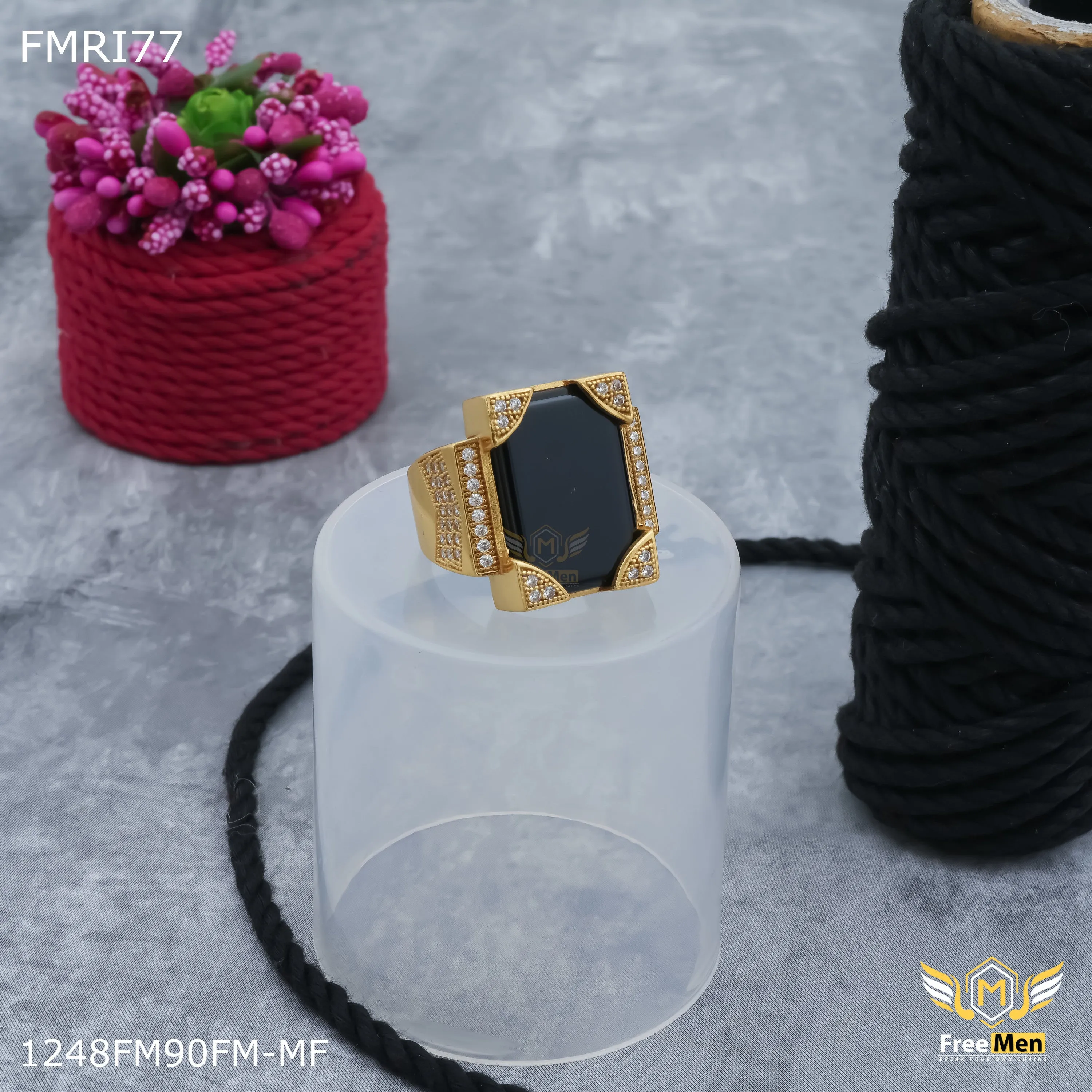 Freemen Black Flat square stone golden ring for men - FMRI77