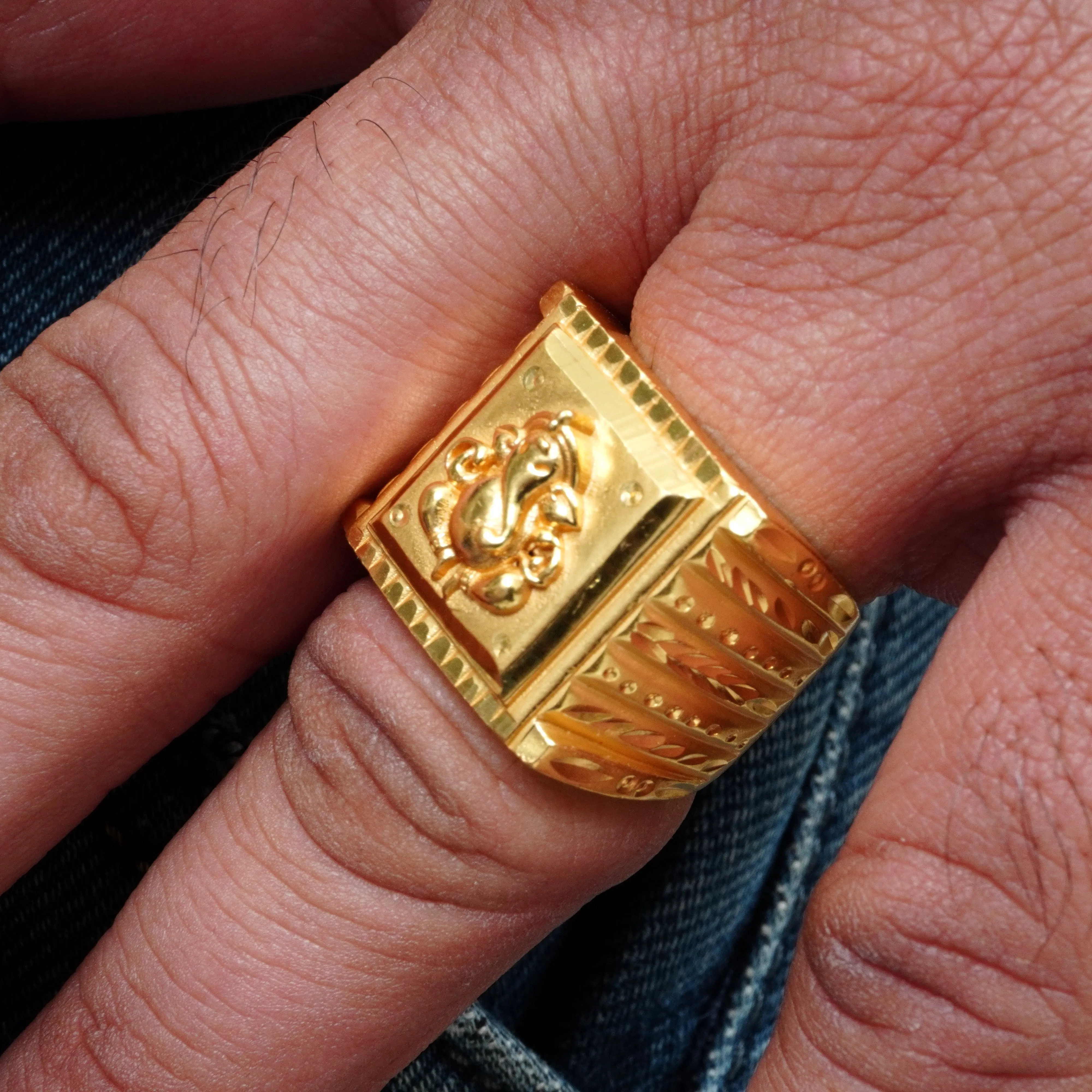 Freemen Emboss Ganesh Golden Square Ring  - FMRI07