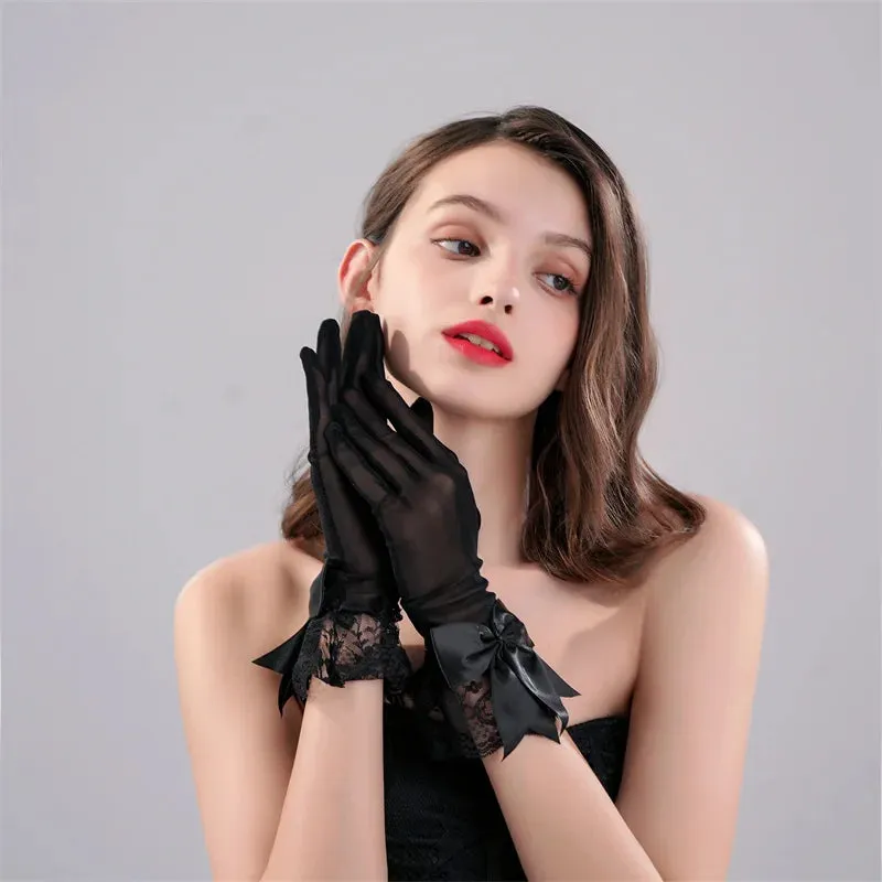 New Original Vintage Gloves Hepburn Black Satin Thin Bowknot Stage Banquet Bride Accessories
