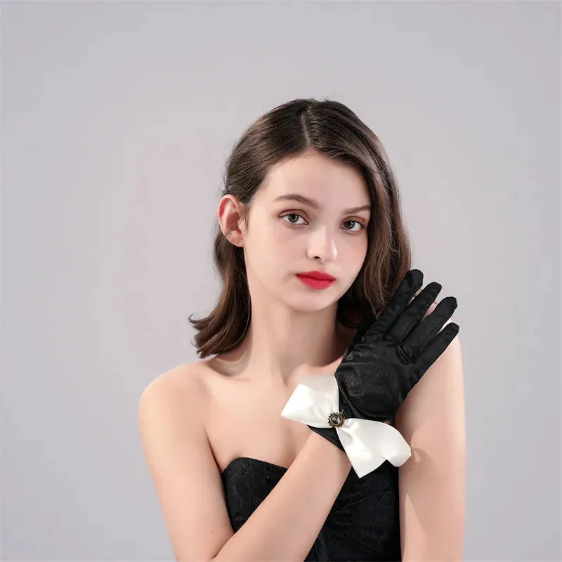 New Original Vintage Gloves Hepburn Black Satin Thin Bowknot Stage Banquet Bride Accessories