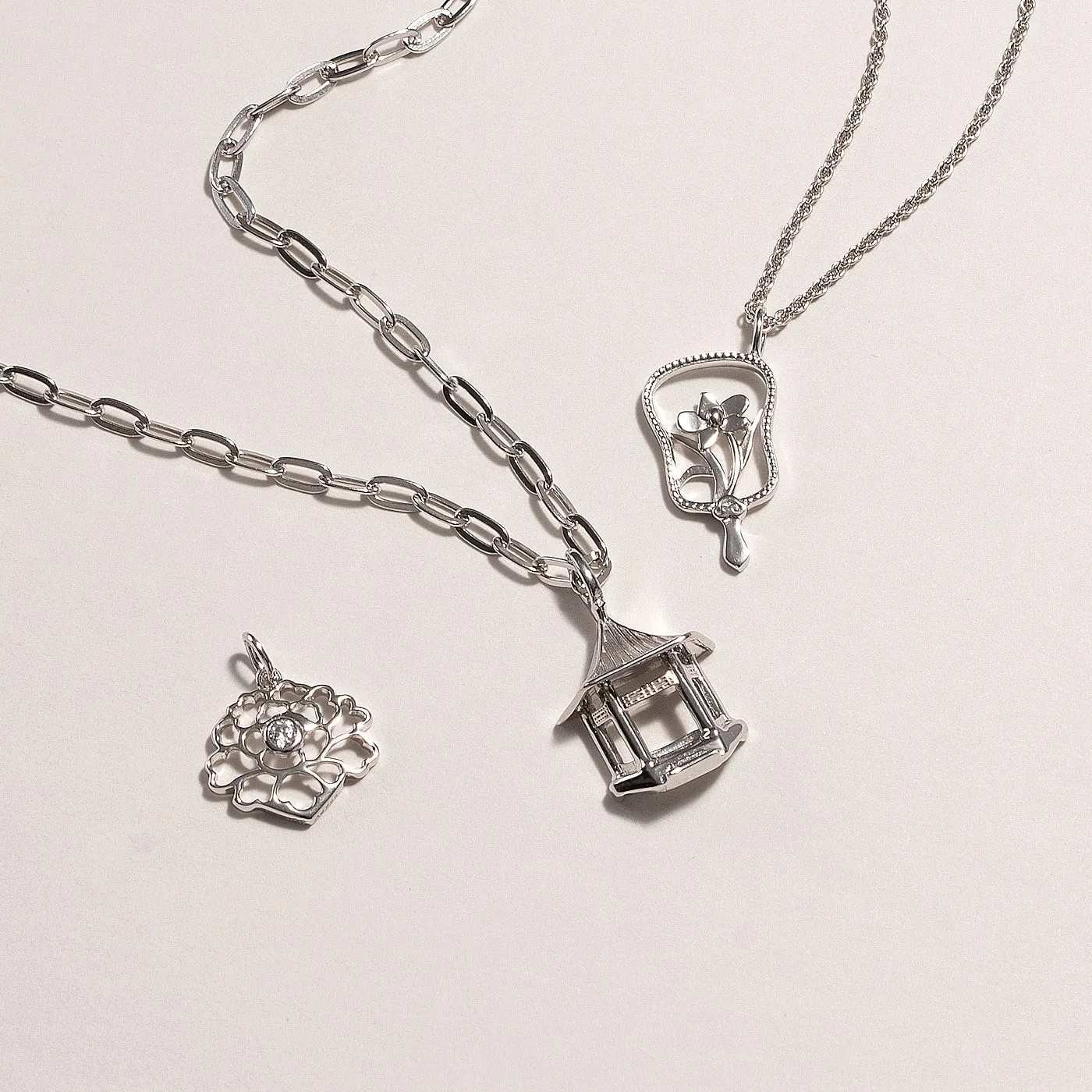Orchid Hand Fan Charm - Silver