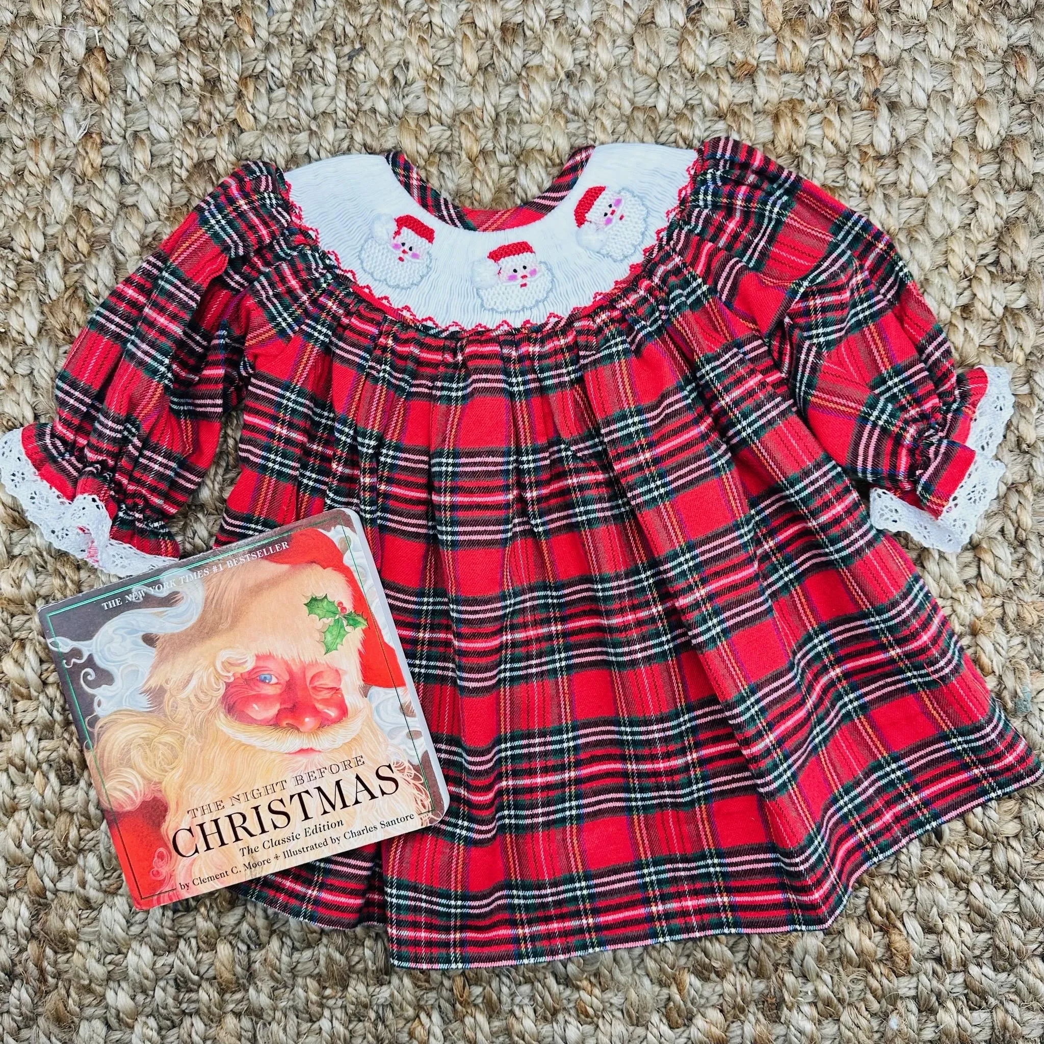 Santa Smocked Christmas Dress in Plaid - Long Sleeve