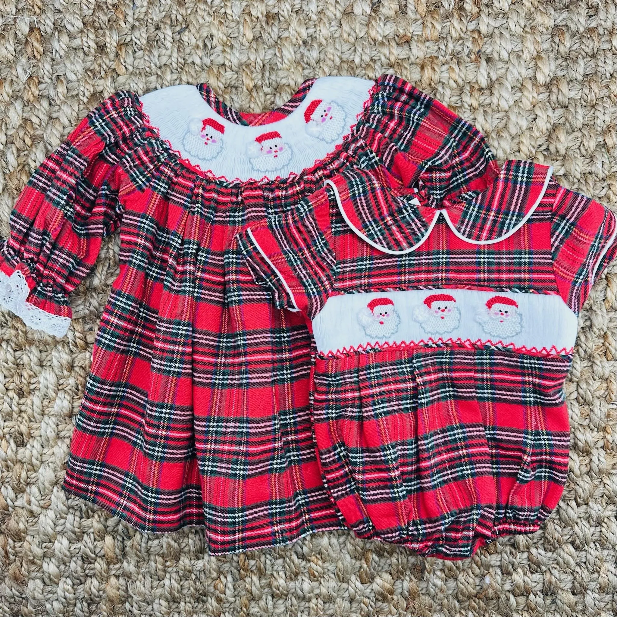 Santa Smocked Christmas Dress in Plaid - Long Sleeve