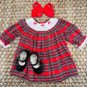 Santa Smocked Christmas Dress in Plaid - Long Sleeve