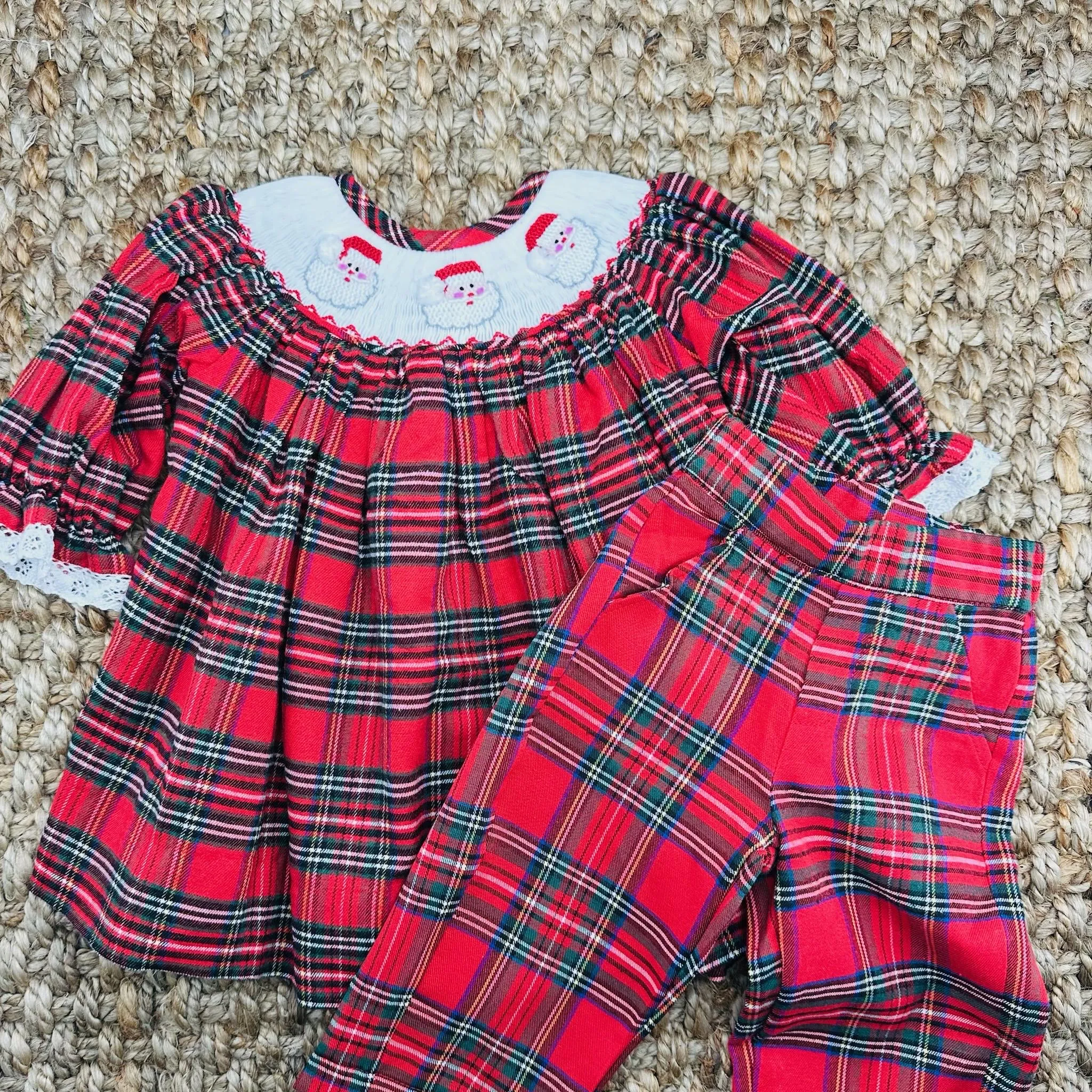 Santa Smocked Christmas Dress in Plaid - Long Sleeve