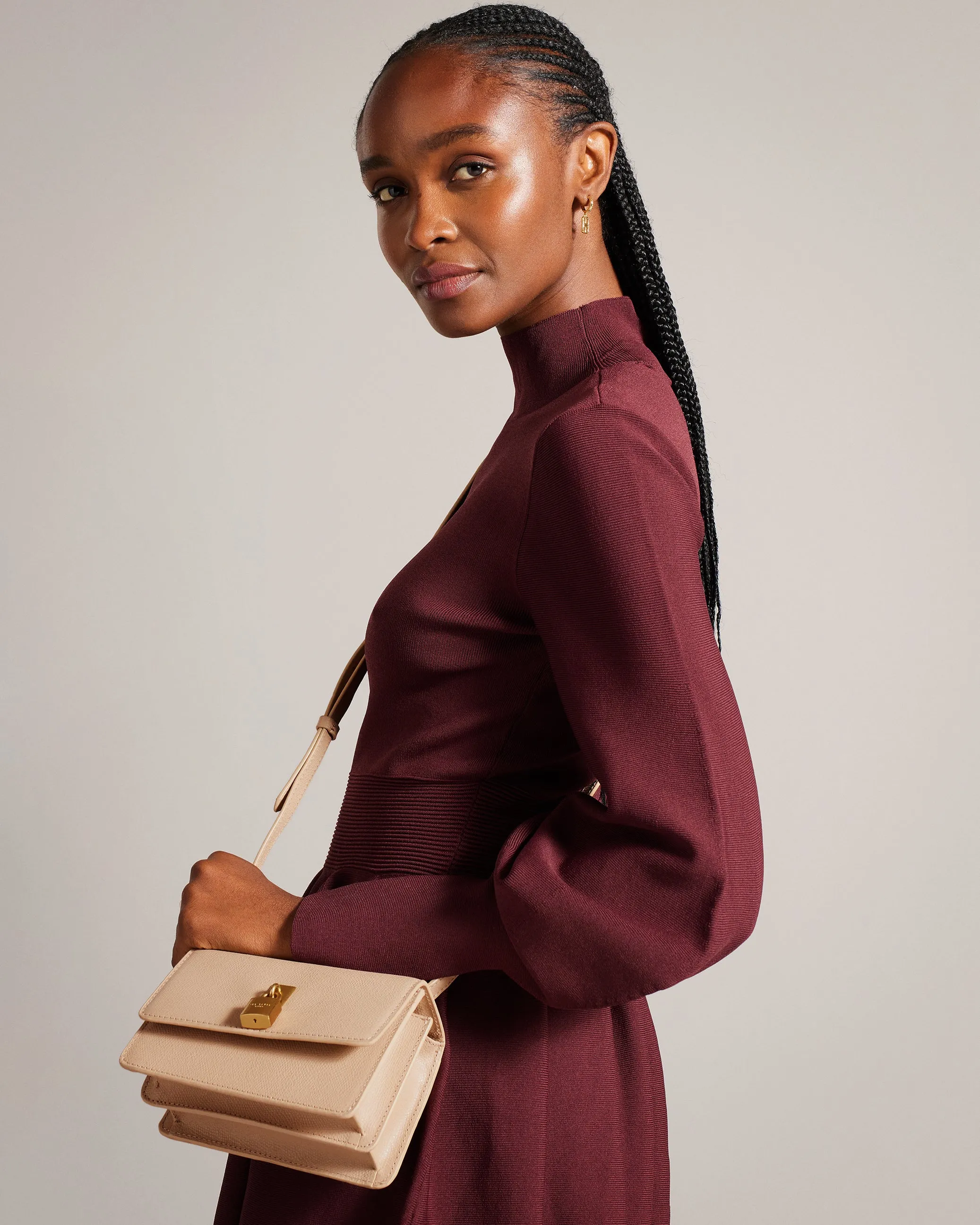 Ssloane Leather Padlock Mini Shoulder Bag Taupe
