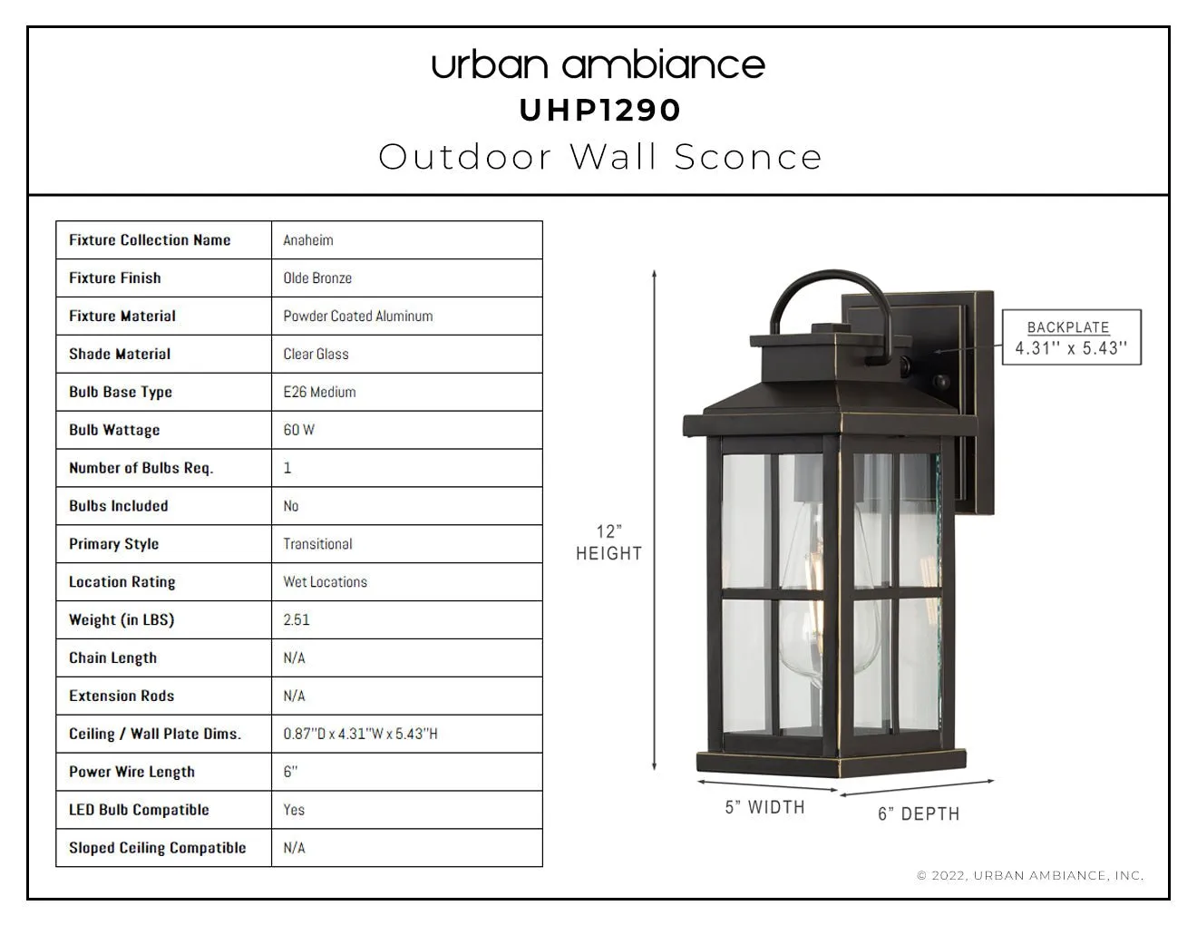 UHP1290 Transitional Outdoor Wall Sconce 12''H x 5''W, Olde Bronze Finish, Anaheim Collection