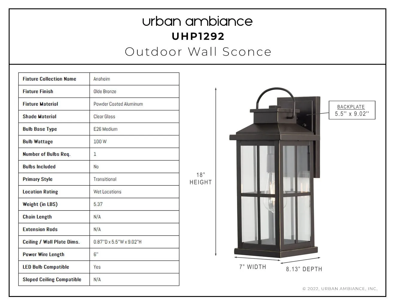 UHP1292 Transitional Outdoor Wall Sconce 18''H x 7''W, Olde Bronze Finish, Anaheim Collection