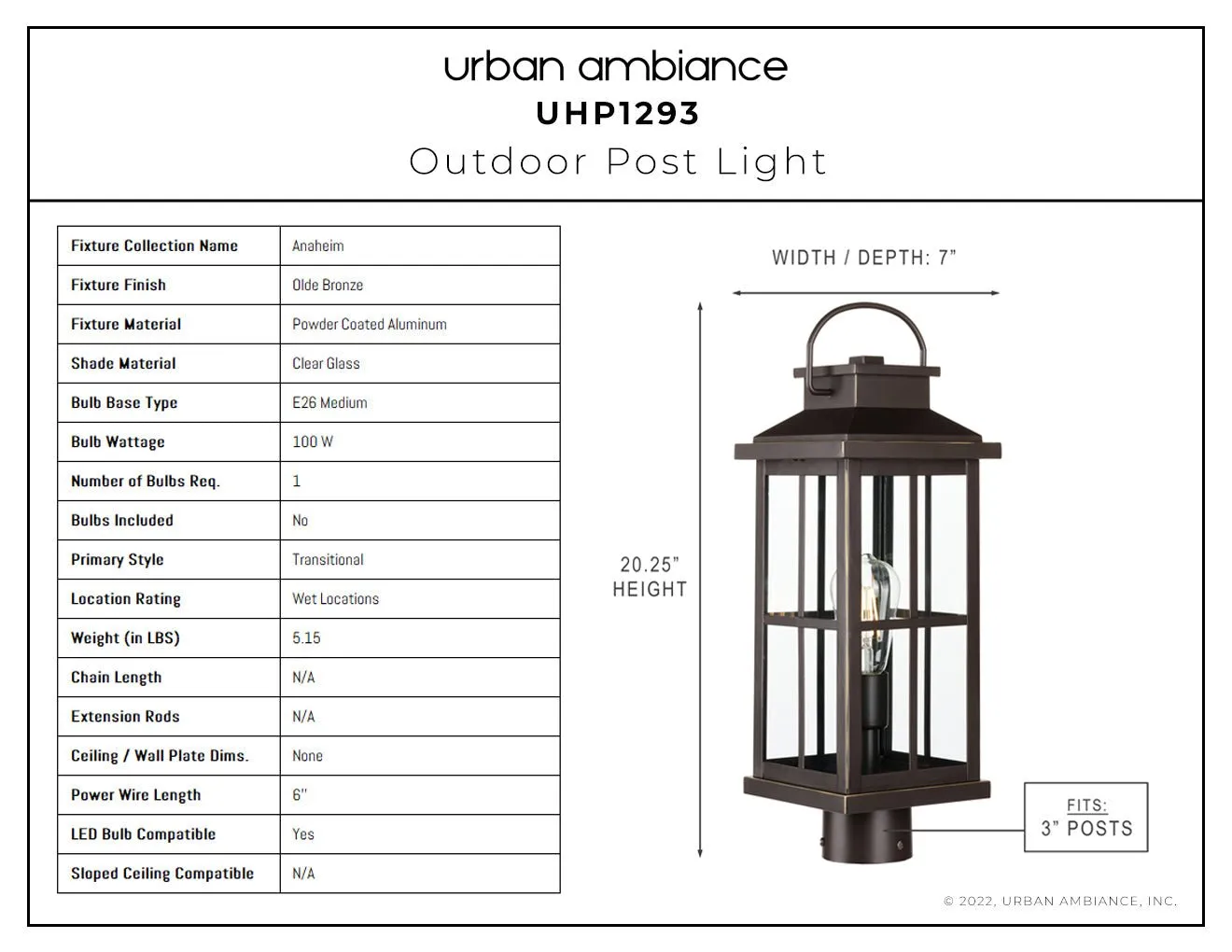 UHP1293 Transitional Outdoor Post Light 20.25''H x 7''W, Olde Bronze Finish, Anaheim Collection