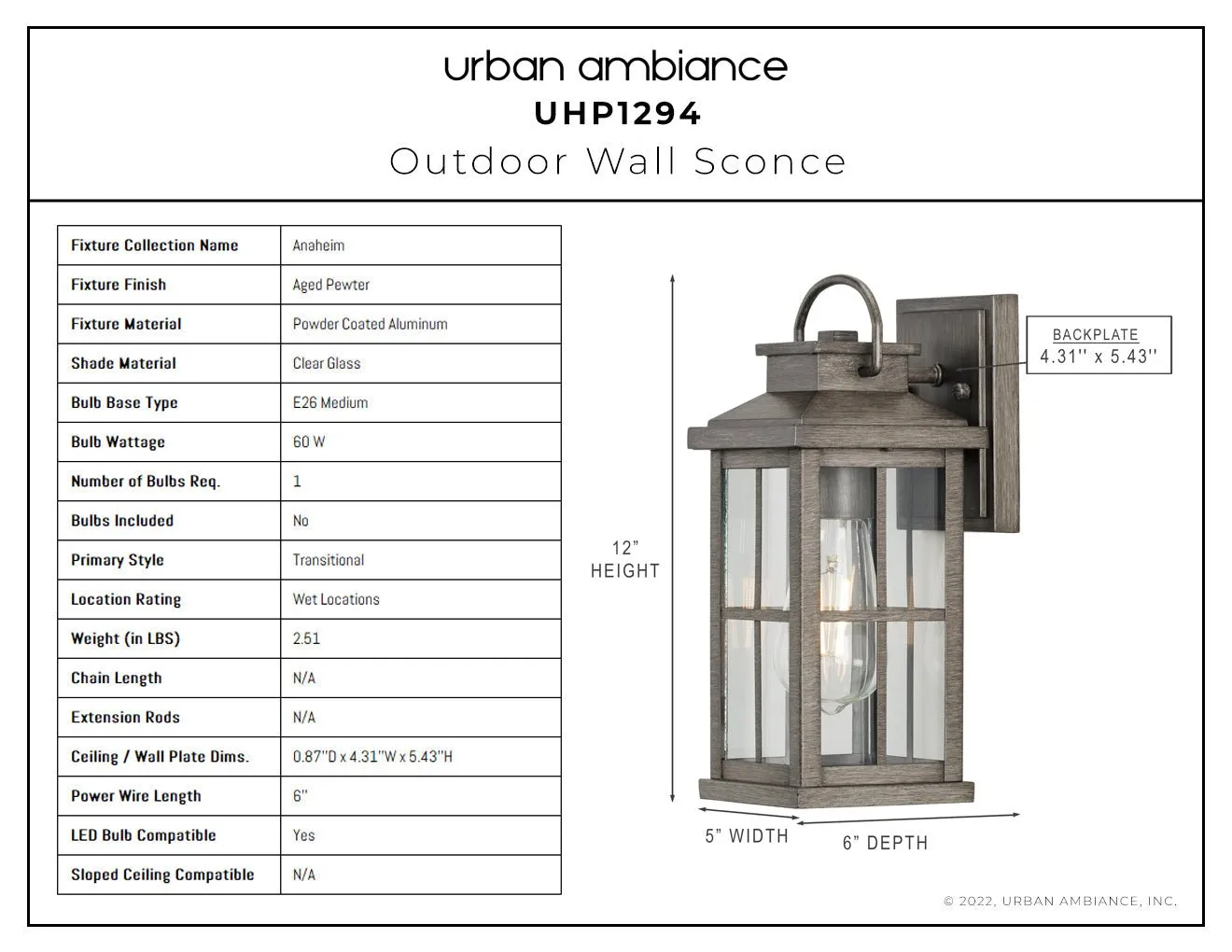 UHP1294 Transitional Outdoor Wall Sconce 12''H x 5''W, Aged Pewter Finish, Anaheim Collection