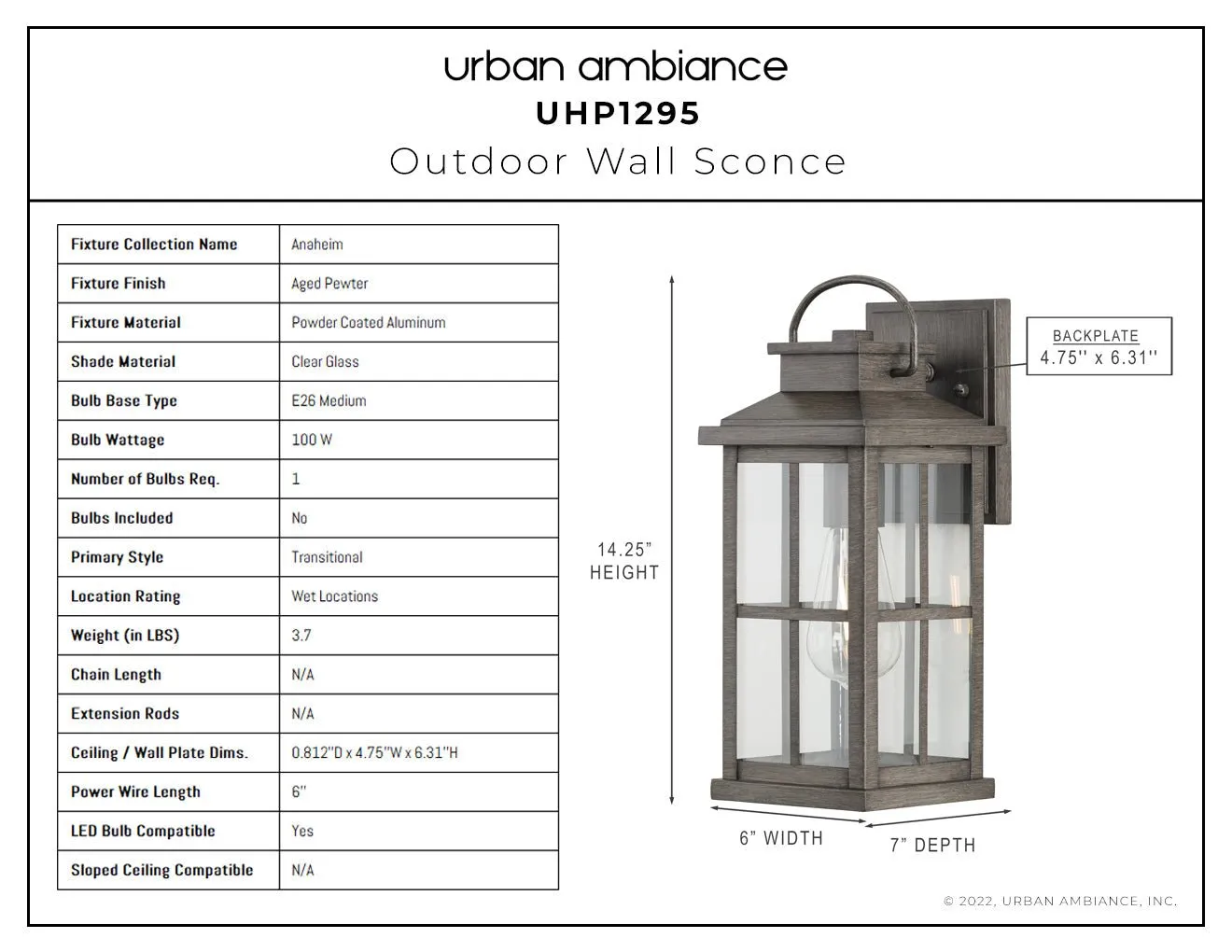 UHP1295 Transitional Outdoor Wall Sconce 14.25''H x 6''W, Aged Pewter Finish, Anaheim Collection