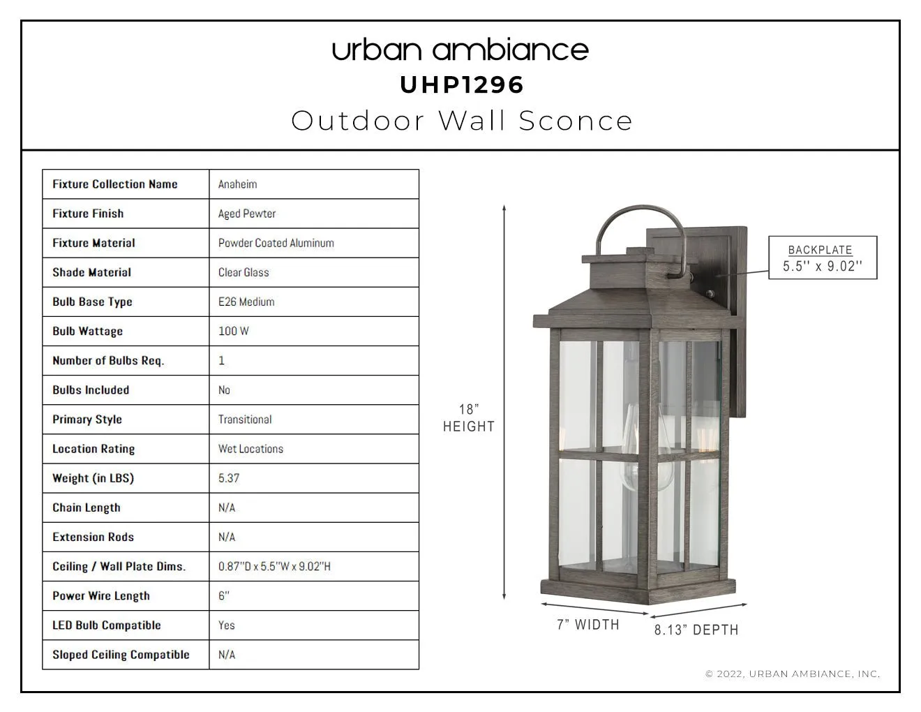 UHP1296 Transitional Outdoor Wall Sconce 18''H x 7''W, Aged Pewter Finish, Anaheim Collection