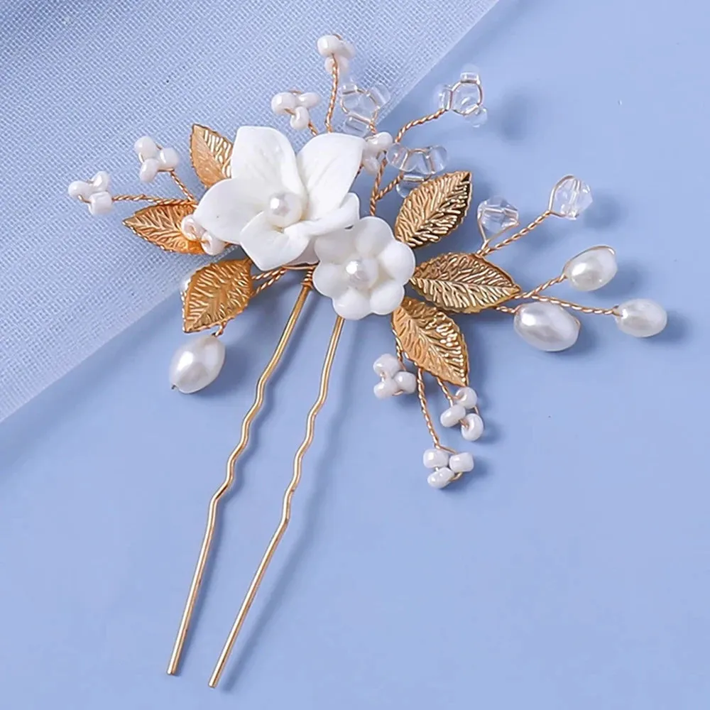 Wedding U Shape Hair Clips Bridal Headpiece Mesh Flower Hairpins Pearl Women Wedding Hair Accessories Bridal Headdress Jewelry