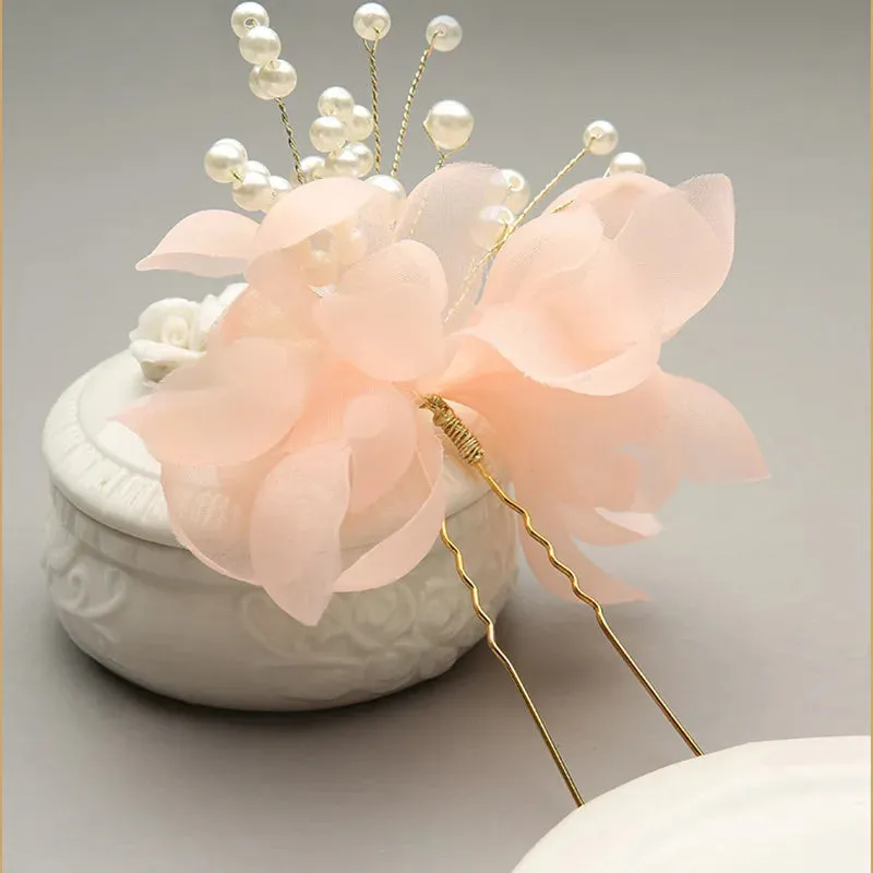 Wedding U Shape Hair Clips Bridal Headpiece Mesh Flower Hairpins Pearl Women Wedding Hair Accessories Bridal Headdress Jewelry