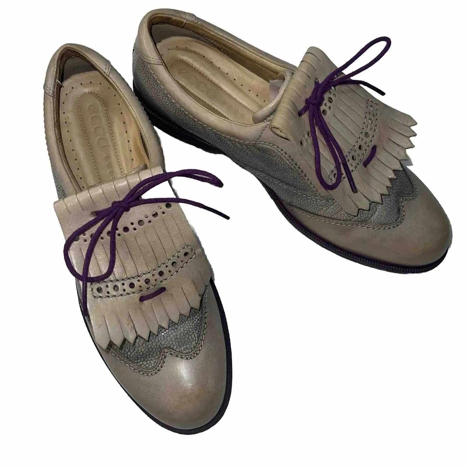 Women’s Ecco Wingtip Kiltie Hydromax Golf Shoe 40 Gray/Taupe Pebble-grain Leath